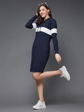 Silky Movement Women's Navy Blue and White Round Neck Full Sleeve Solid Knee-Long Hooded Dress