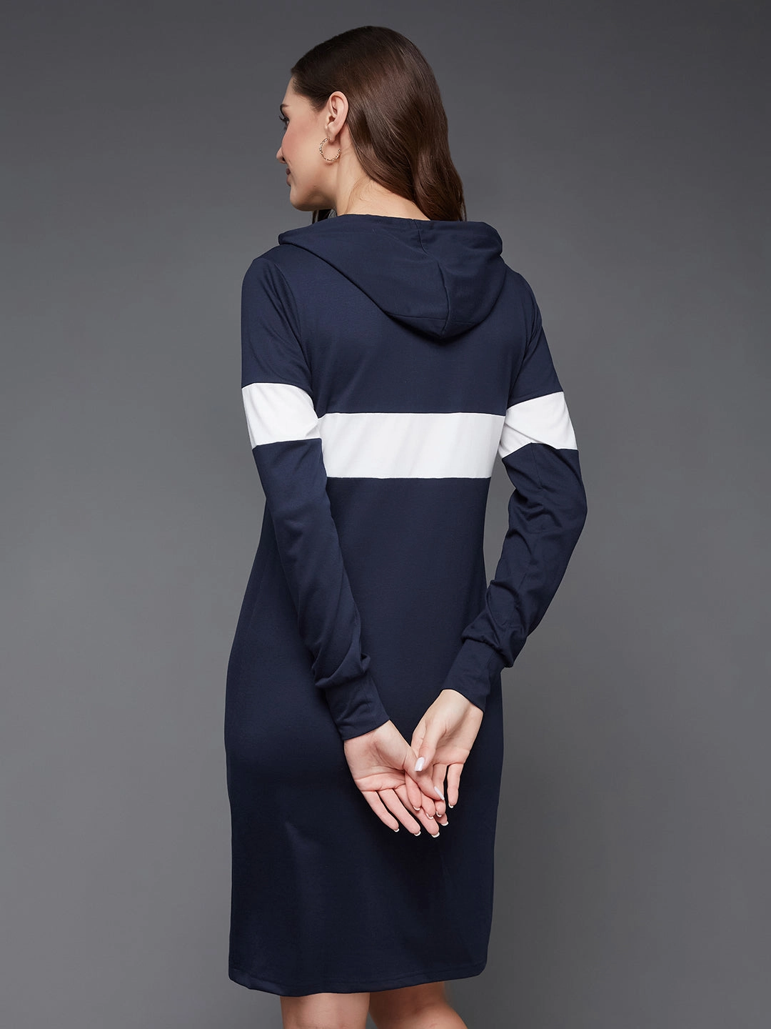 Sophisticated Cut Chic Fit Women's Navy Blue and White Round Neck Full Sleeve Solid Knee-Long Hooded Dress