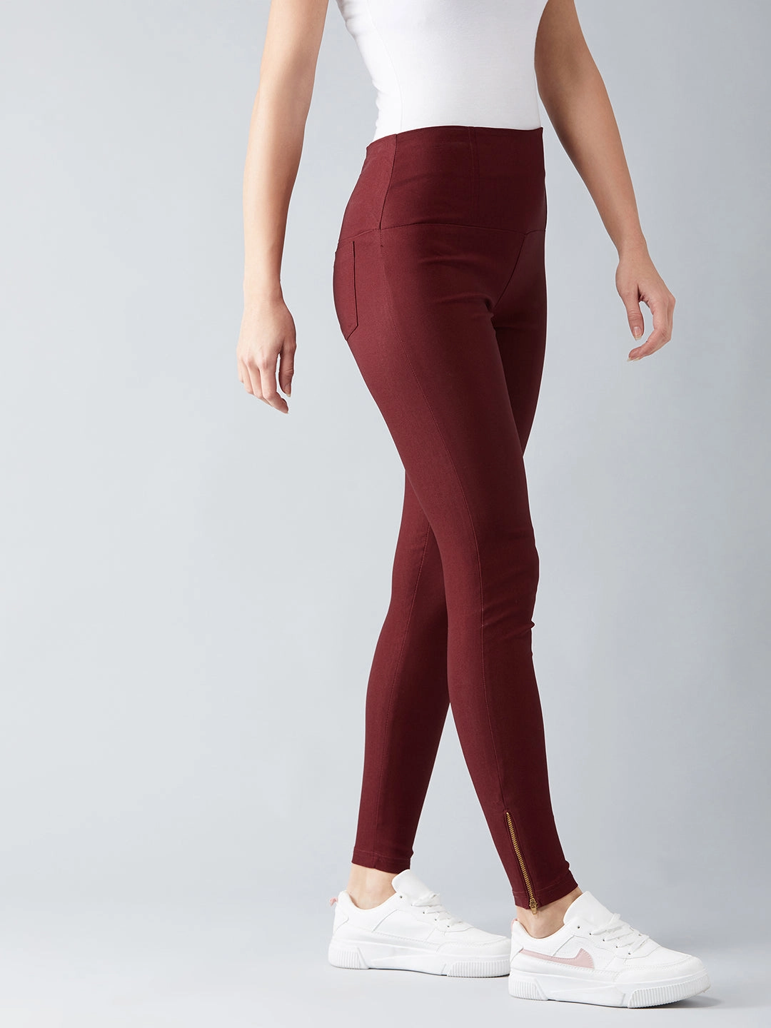 Women's Maroon Solid Zipper Detailing Skinny Regular Length High-Waist Treggings MachineWashableFabric