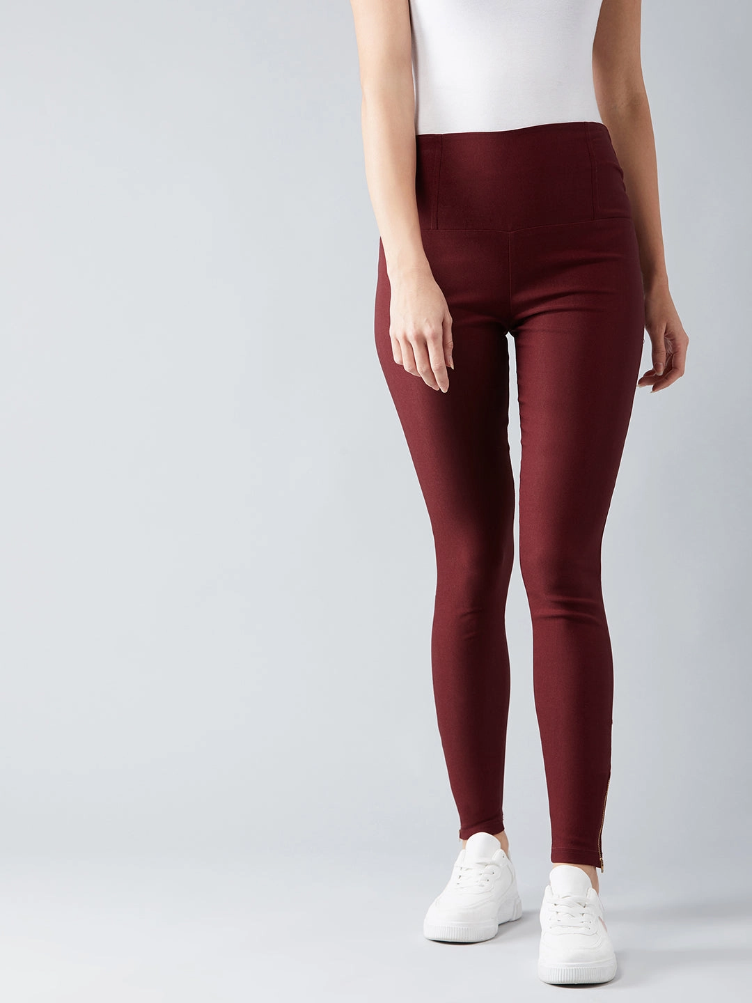 Women's Maroon Solid Zipper Detailing Skinny Regular Length High-Waist Treggings Low Profile Waistband ElasticWaist