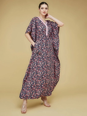 Women's Navy Blue and Pink V Neck 3/4 Sleeve Printed Front Placket Maxi Kaftan Dress Pretty Glow