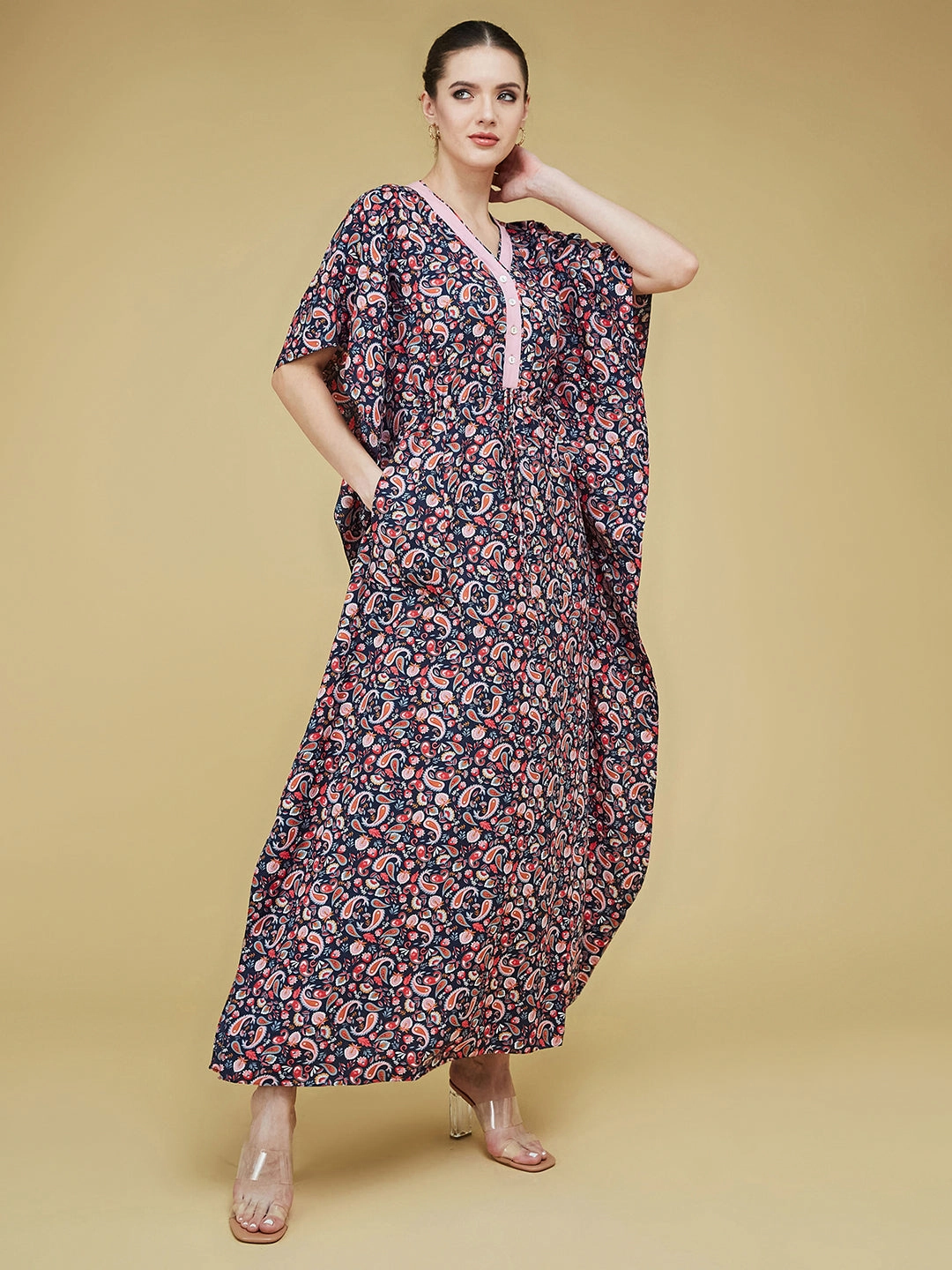 Women's Navy Blue and Pink V Neck 3/4 Sleeve Printed Front Placket Maxi Kaftan Dress Pretty Glow