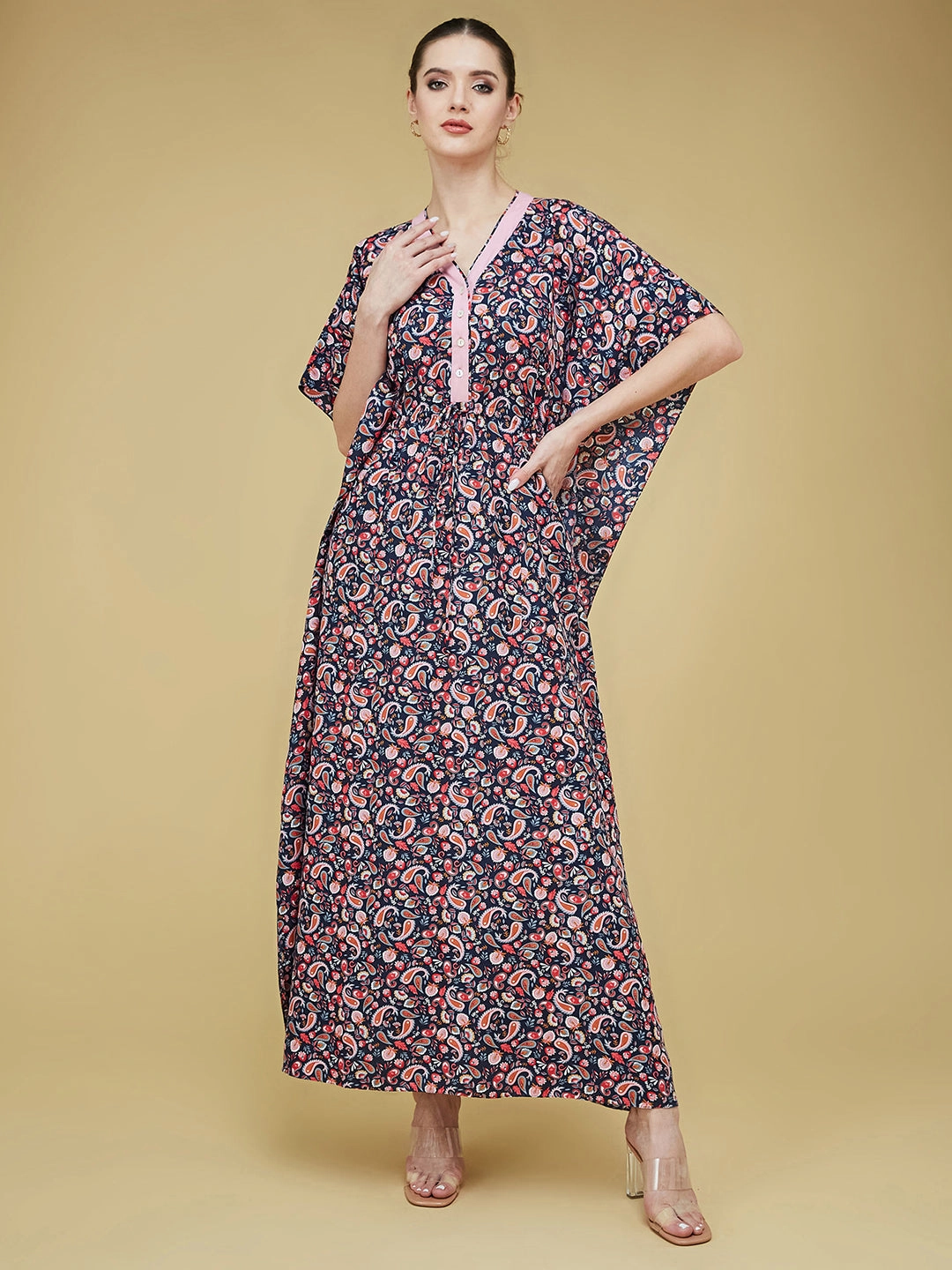 Sheer Light flowy style Women's Navy Blue and Pink V Neck 3/4 Sleeve Printed Front Placket Maxi Kaftan Dress