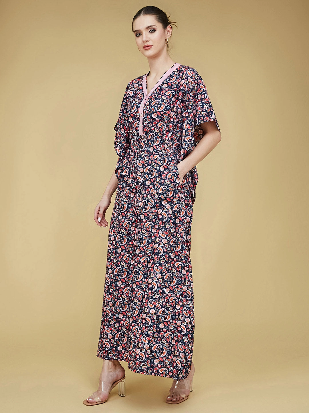 Texture Edge Relaxed Waist Women's Navy Blue and Pink V Neck 3/4 Sleeve Printed Front Placket Maxi Kaftan Dress