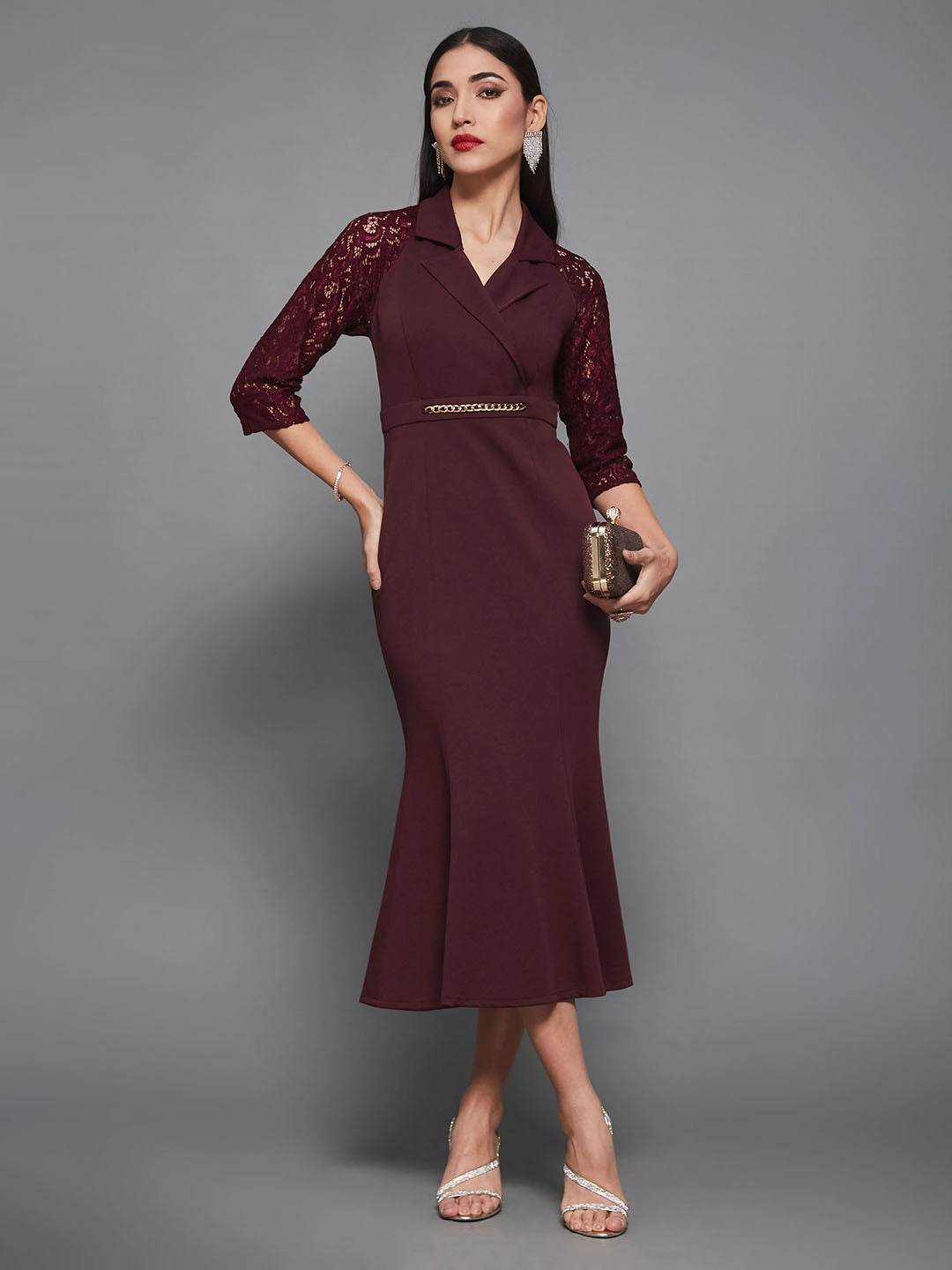 Fashion-forward day dress Flared shape Women's Wine Notched Collar Three-Quarter Sleeve Self-Designed Bodycon Midi Dress