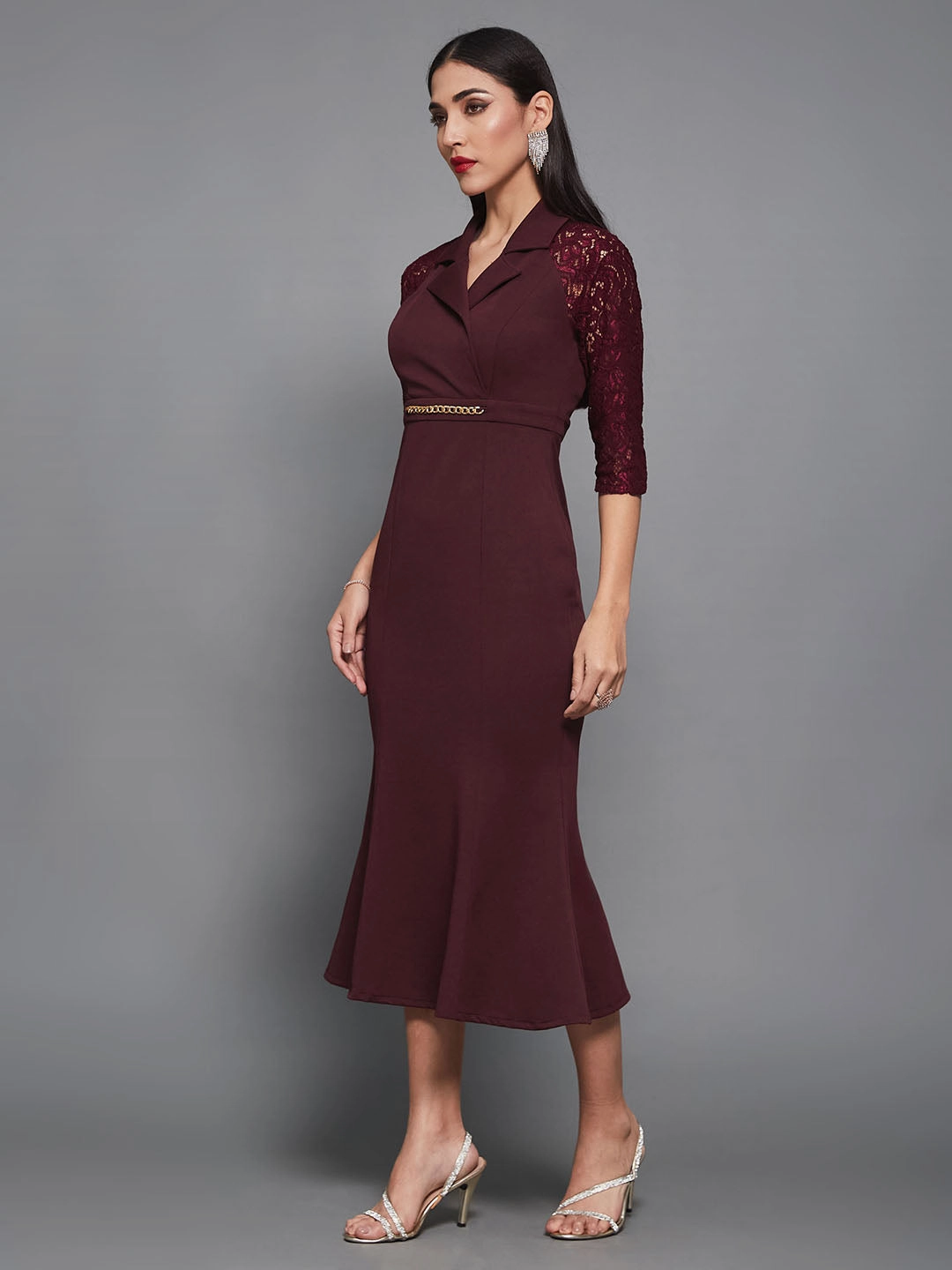 Resort Ready Women's Wine Notched Collar Three-Quarter Sleeve Self-Designed Bodycon Midi Dress