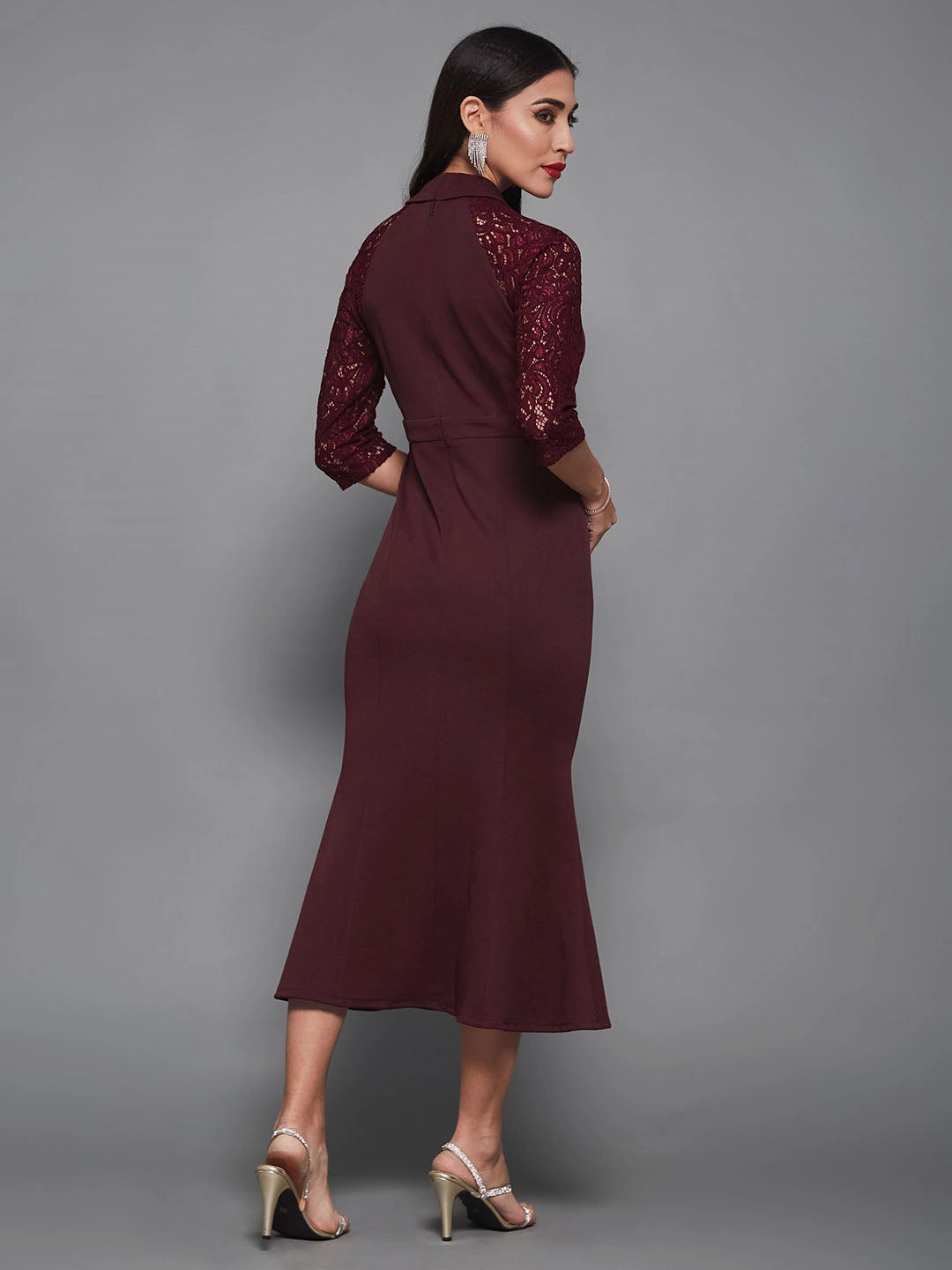 Women's Wine Notched Collar Three-Quarter Sleeve Self-Designed Bodycon Midi Dress Boxy-Style