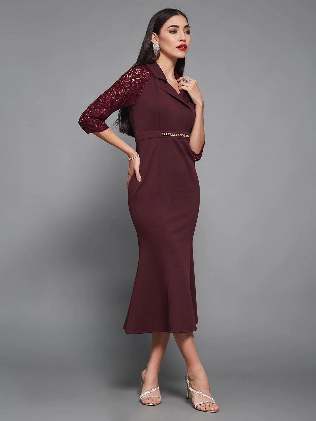 Women's Wine Notched Collar Three-Quarter Sleeve Self-Designed Bodycon Midi Dress Dinner Outfit Subtle Glow
