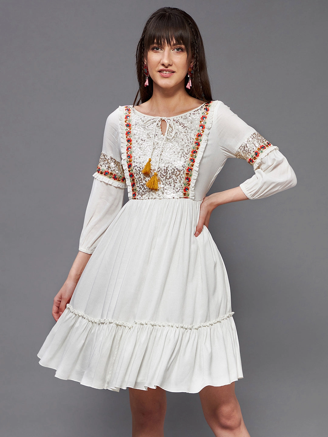 Light and breezy summer dress Tactile Feel Women's Off-White Boat neck Bishop Sleeve Viscose Rayon Embellished Gathered Midi Dress