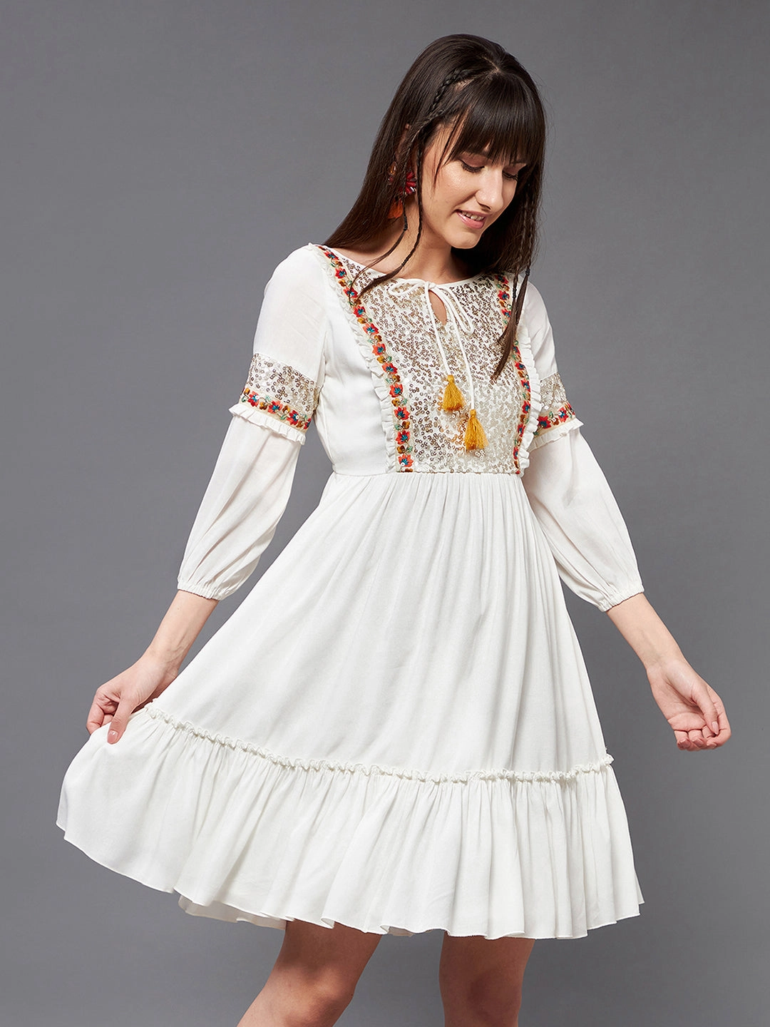 Women's Off-White Boat neck Bishop Sleeve Viscose Rayon Embellished Gathered Midi Dress Season Ready