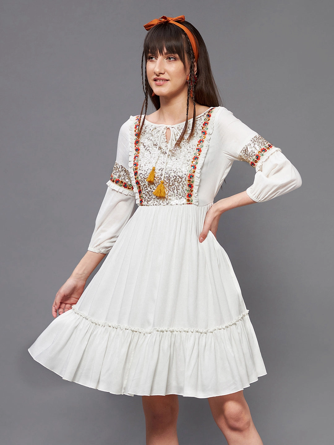 Smart Casual Women's Off-White Boat neck Bishop Sleeve Viscose Rayon Embellished Gathered Midi Dress