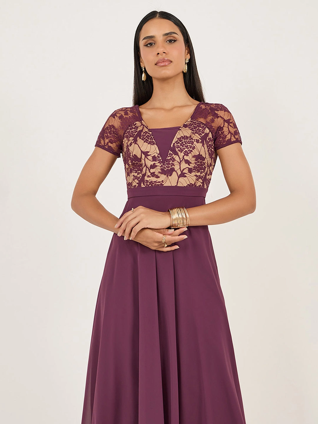 Women's Mauve Square-Neck Raglan-Sleeve Self-Designed Flared Georgette Maxi Dress Party Perfect