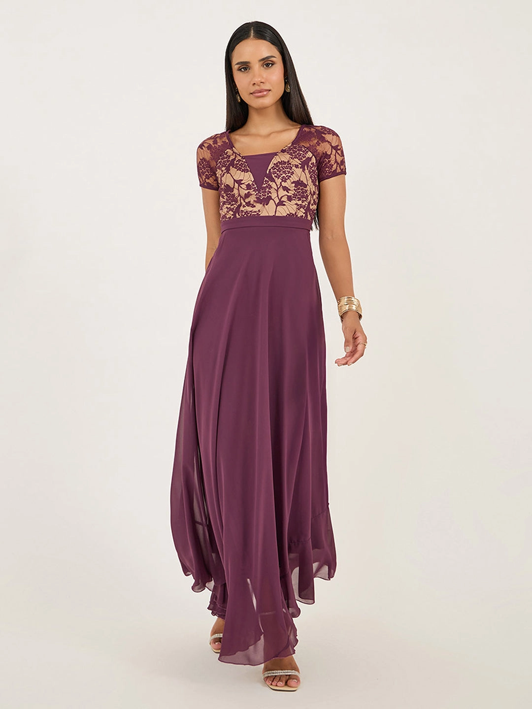 Women's Mauve Square-Neck Raglan-Sleeve Self-Designed Flared Georgette Maxi Dress Festival-Ready Comfortable Waist Design