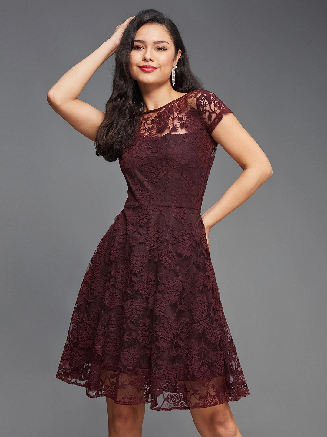 Women's Wine Round Neck Cap Sleeves Lace Knee-Long Skater Dress Cool Layers