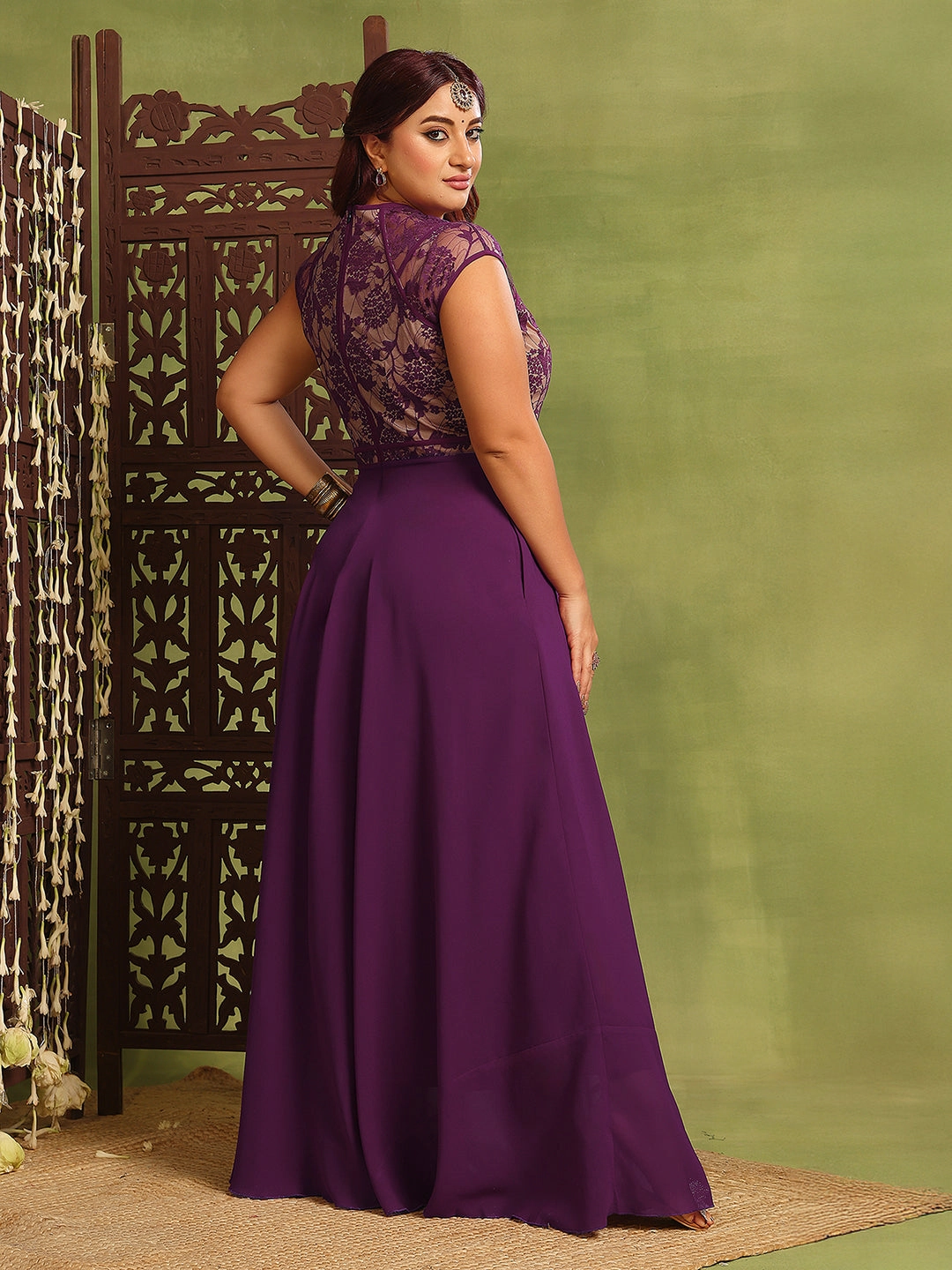 Motion Light Women's Dark Purple Sweet-Heart Neck Cap-Sleeve Floral Fit & Flare Georgette Maxi Dress