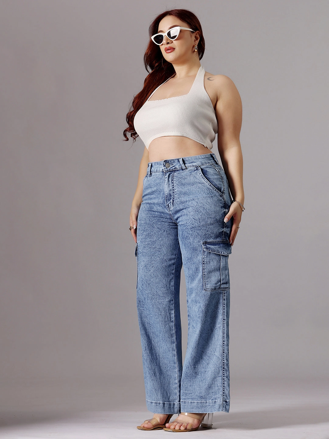 Timeless Fit Anti Slip Belt Loops 24/7 Comfort Light Blue Wide-Leg High-Rise Clean-Look Regular-Length Stretchable Flared Cargo Style Denim Jeans