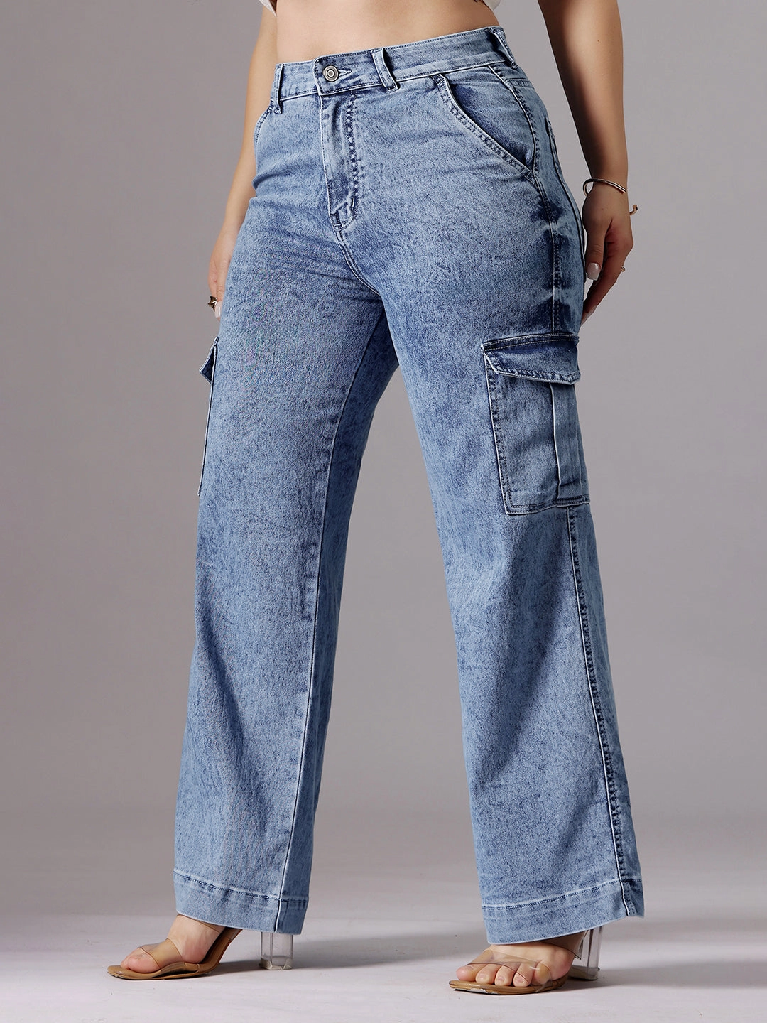 24/7 Comfort Light Blue Wide-Leg High-Rise Clean-Look Regular-Length Stretchable Flared Cargo Style Denim Jeans Couple Look Work Ready Luxury Textured Athlete Fit