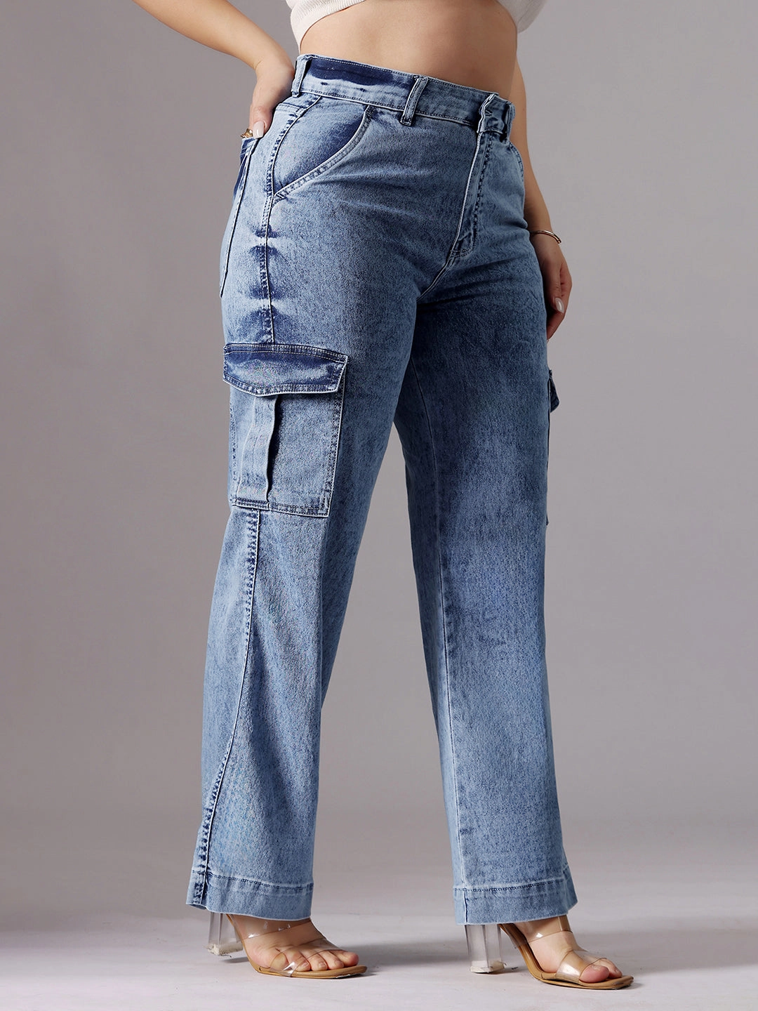 24/7 Comfort Light Blue Wide-Leg High-Rise Clean-Look Regular-Length Stretchable Flared Cargo Style Denim Jeans Odor Control Coating