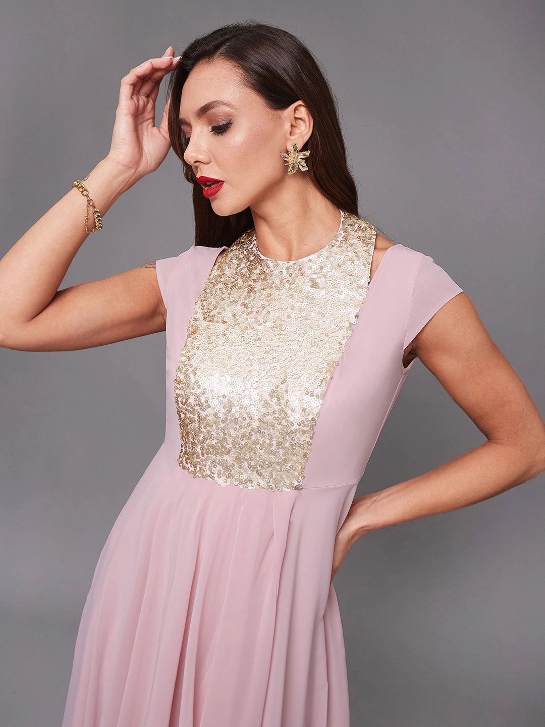 Women's Dusty Pink Round neck Cap Sleeve Sequined Party Maxi Dress Day Romance Fitted waist