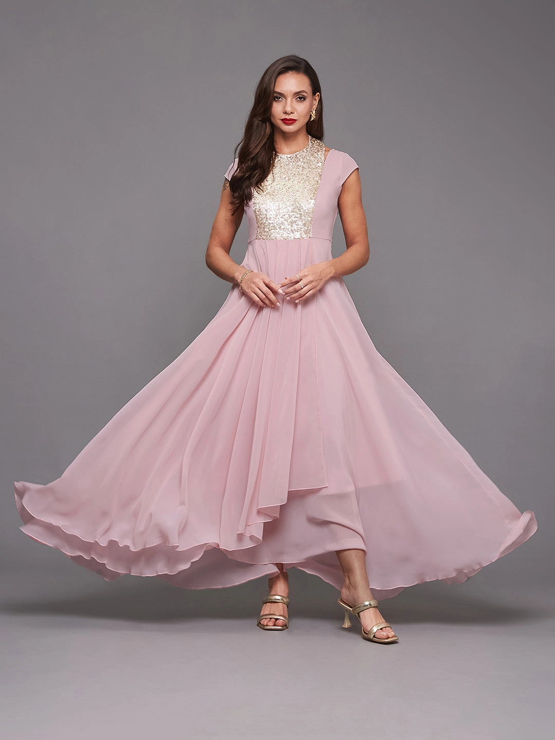 Women's Dusty Pink Round neck Cap Sleeve Sequined Party Maxi Dress All-day Comfort Flawless Waist Fit