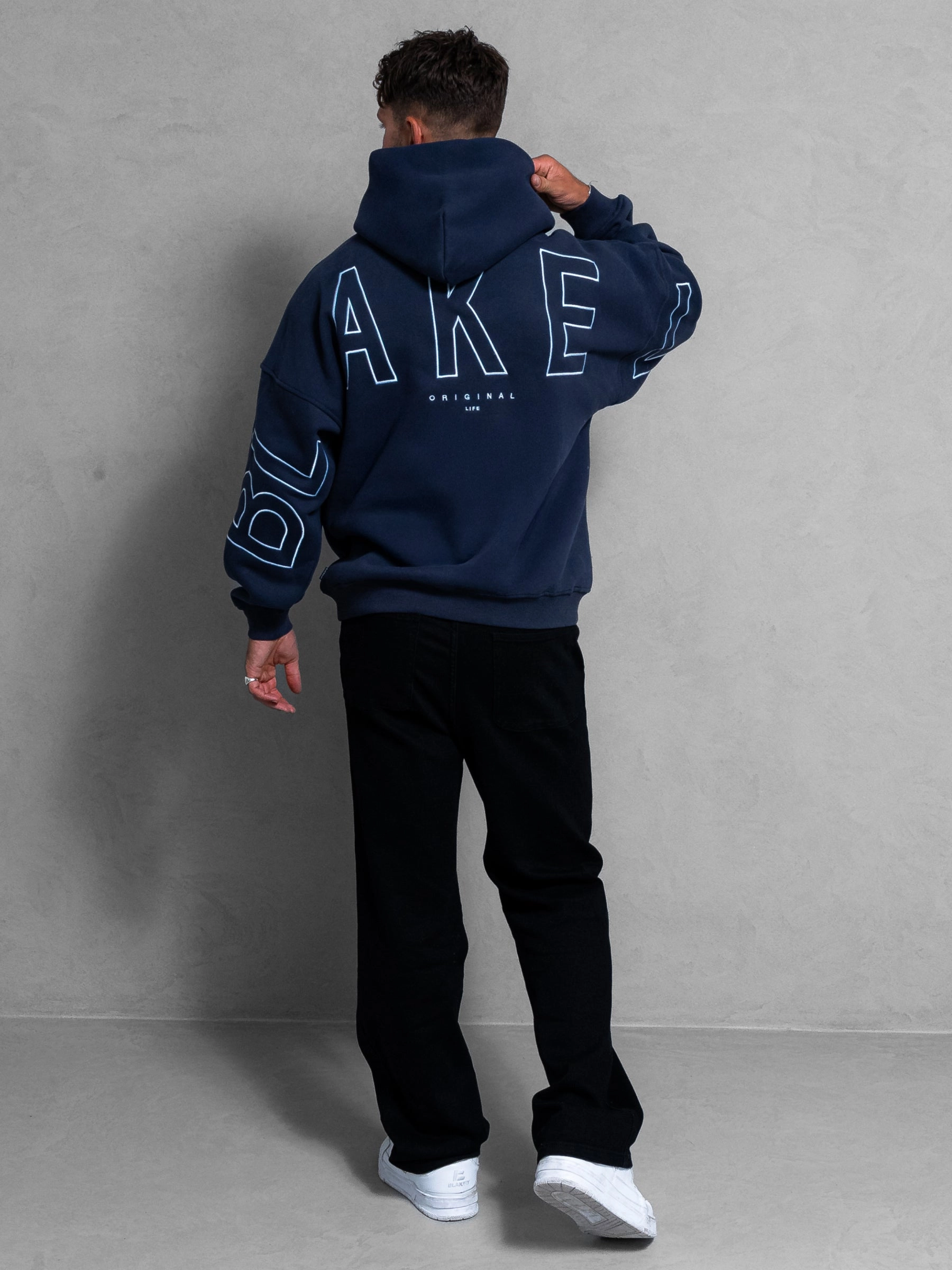 Front Pouch individuality Embroidered Idris Oversized Hoodie - Blue