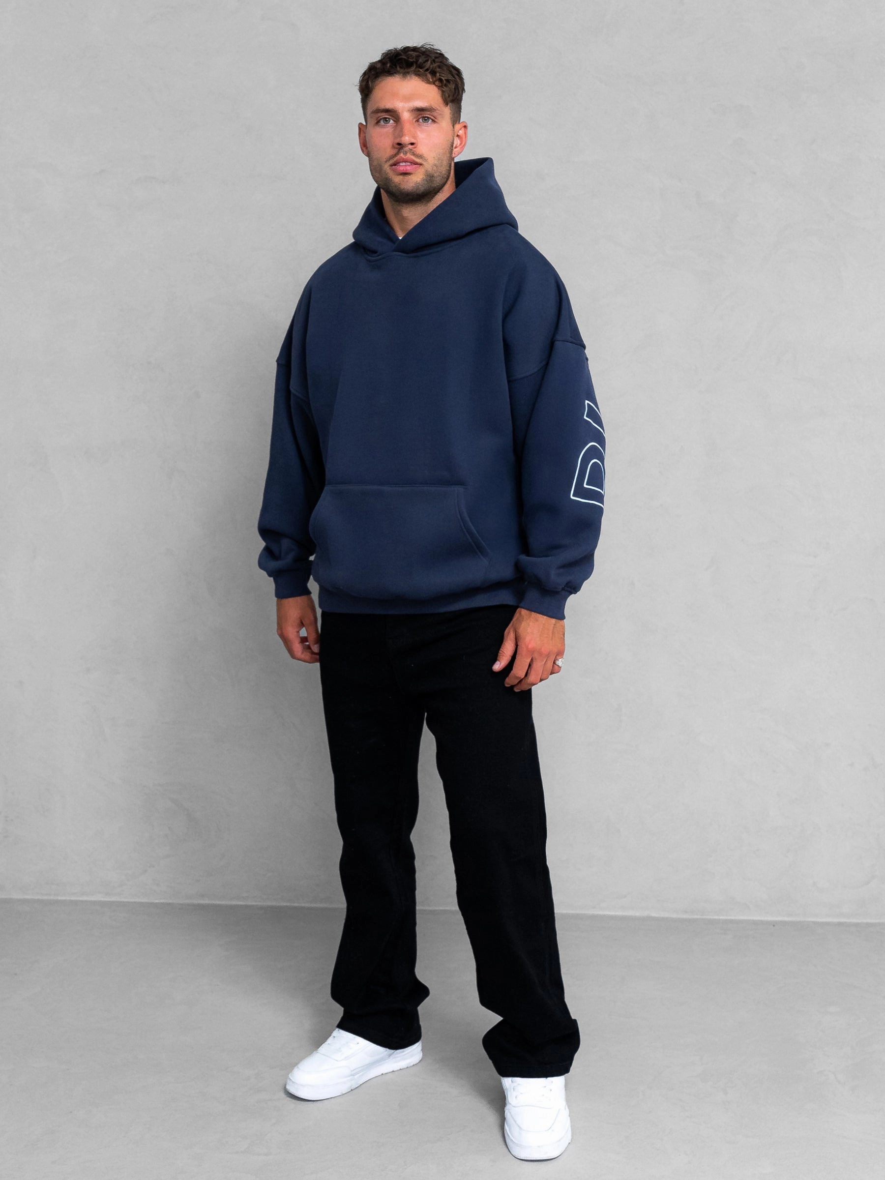 Embroidered Idris Oversized Hoodie - Blue Button up pockets