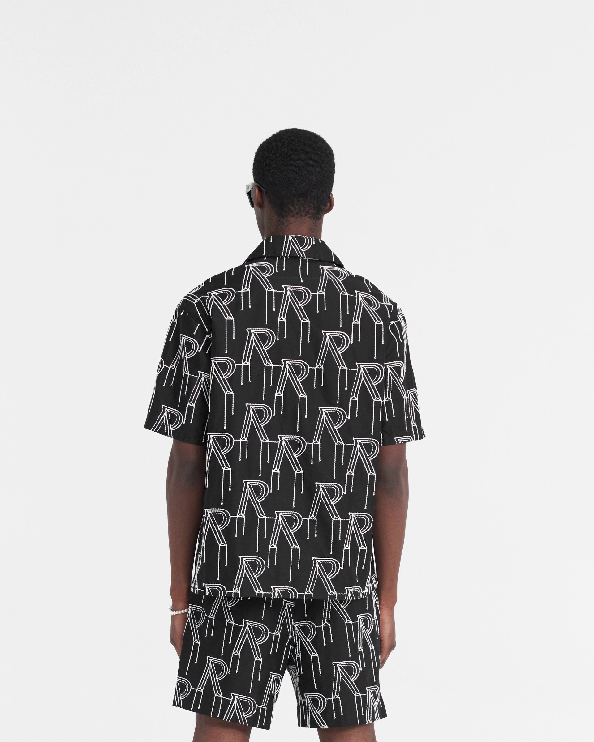 No Slip Shoulder Grips Lightweight Weave Embroidered Initial Overshirt - Black