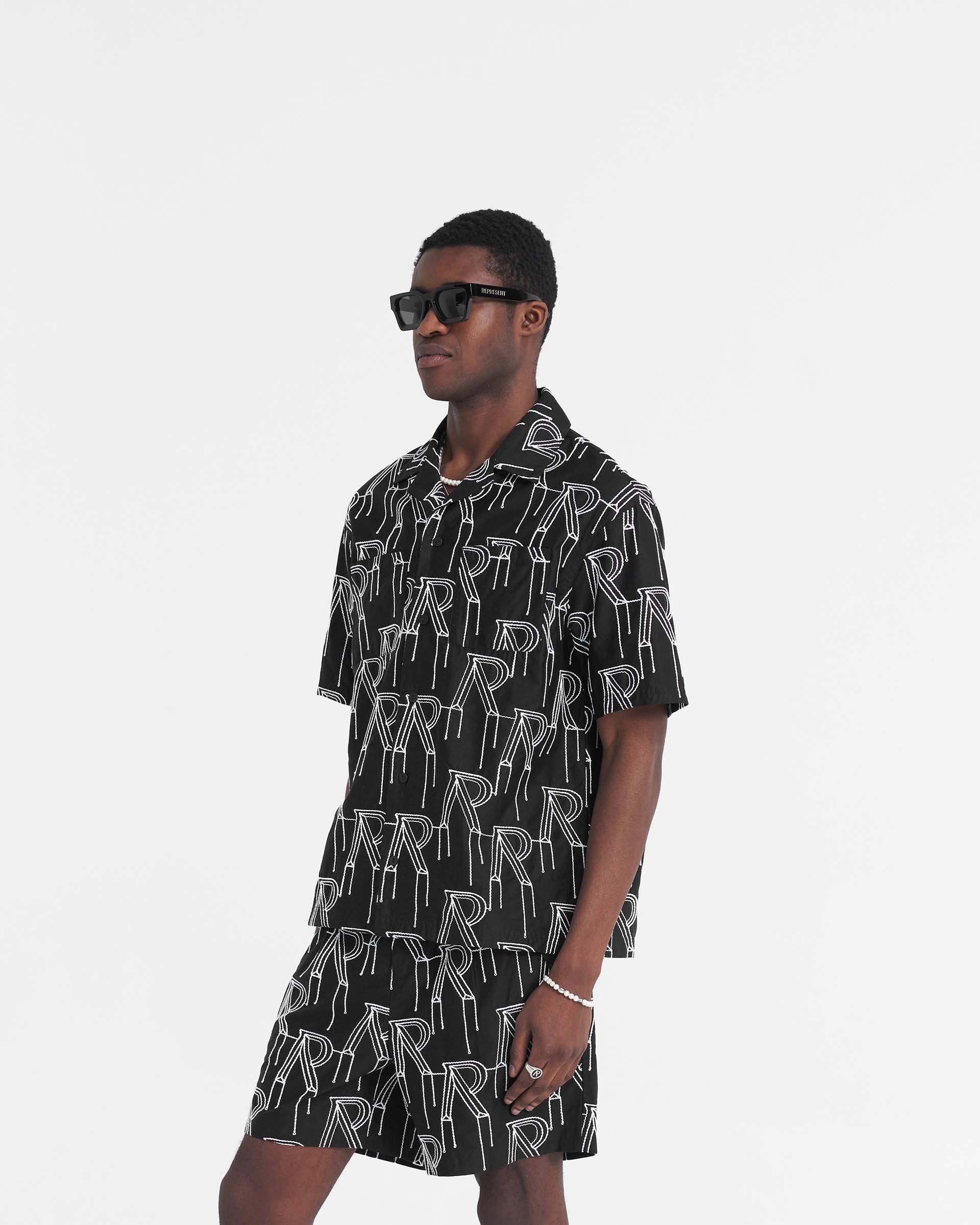 Button-up Tailored Silhouette Embroidered Initial Overshirt - Black