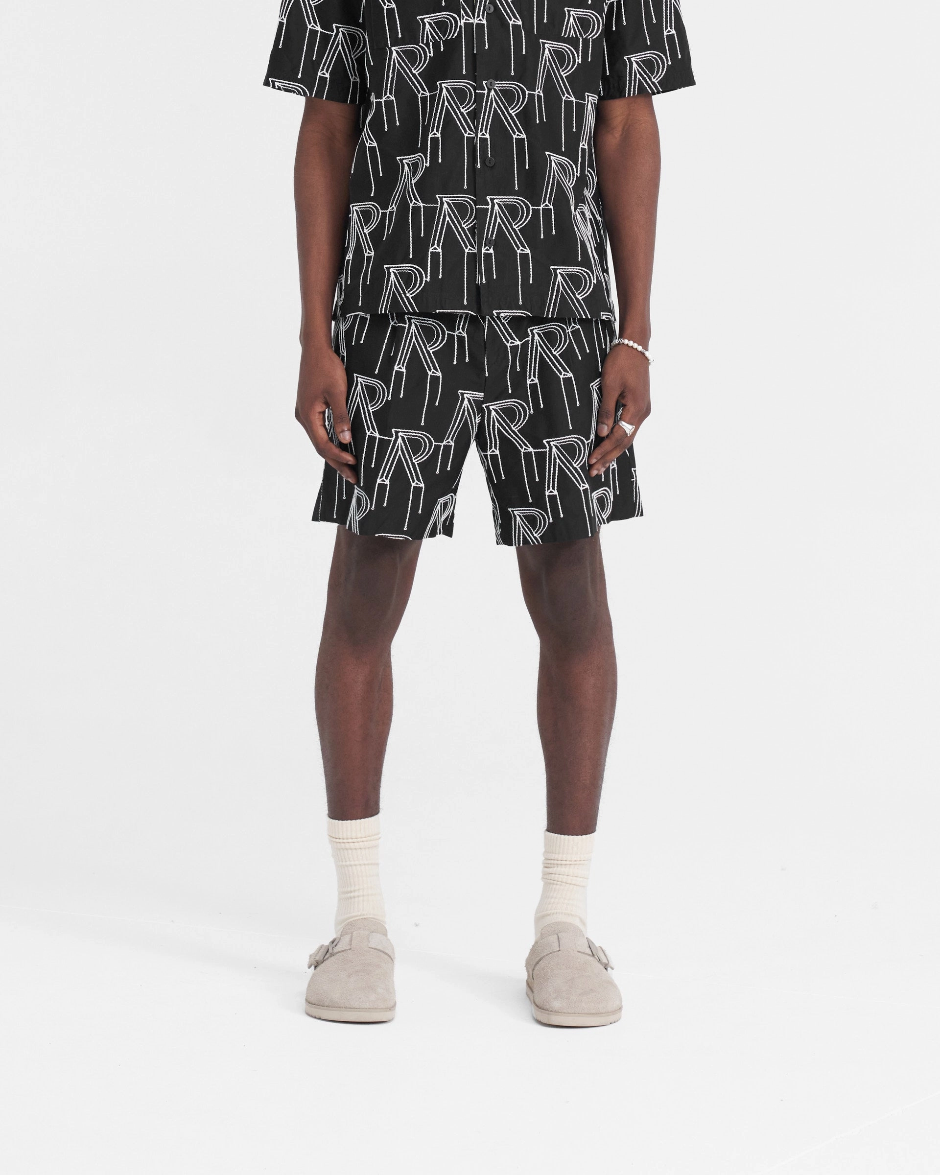 Stretch Layers Multi Directional Flex Embroidered Initial Tailored Short - Black