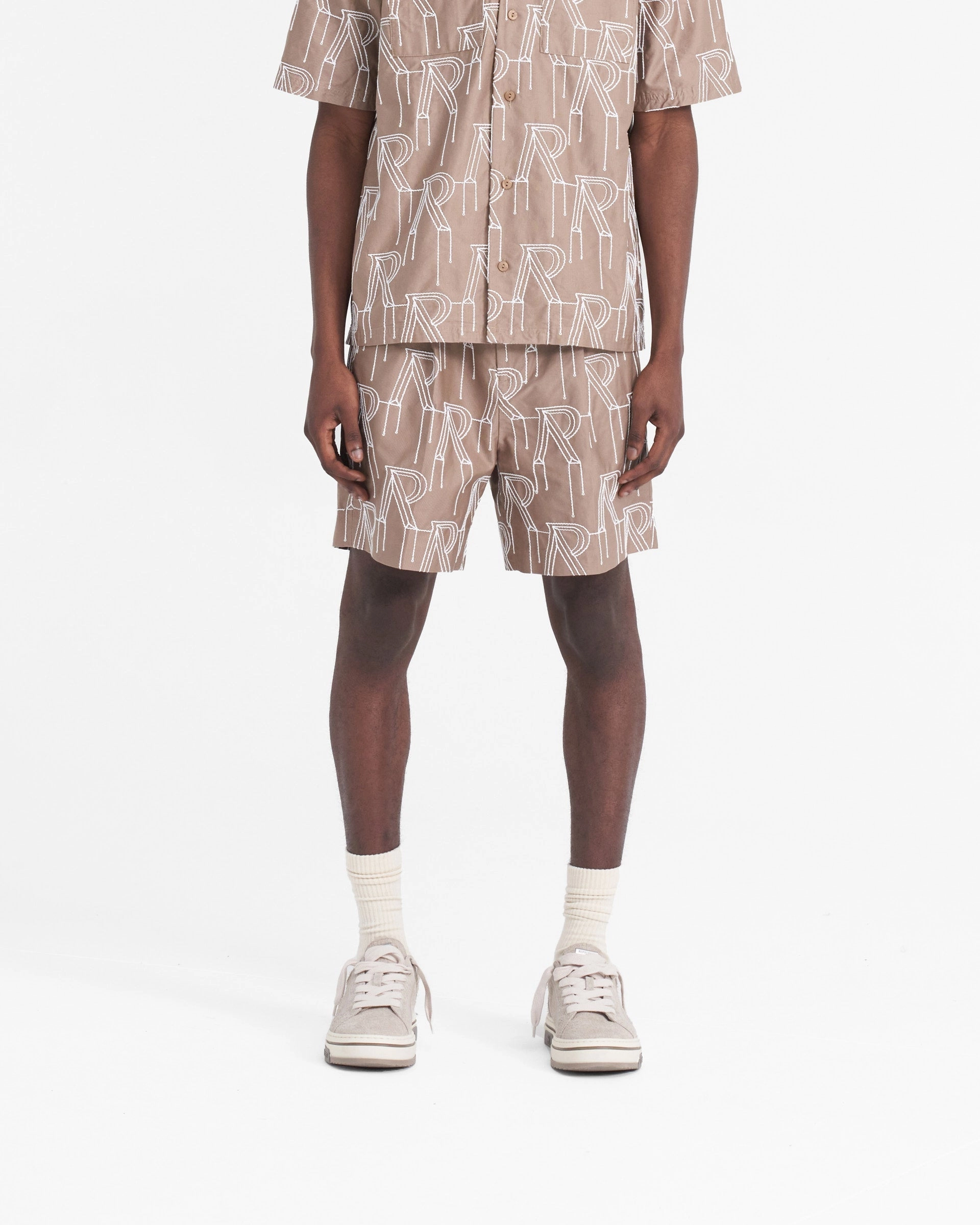 Embroidered Initial Tailored Short - Washed Taupe Double Layered Knees