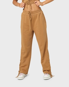 EN ES Women's Mason Lace Up Track Pants Tan All Day Comfort Fit Minimal Cut