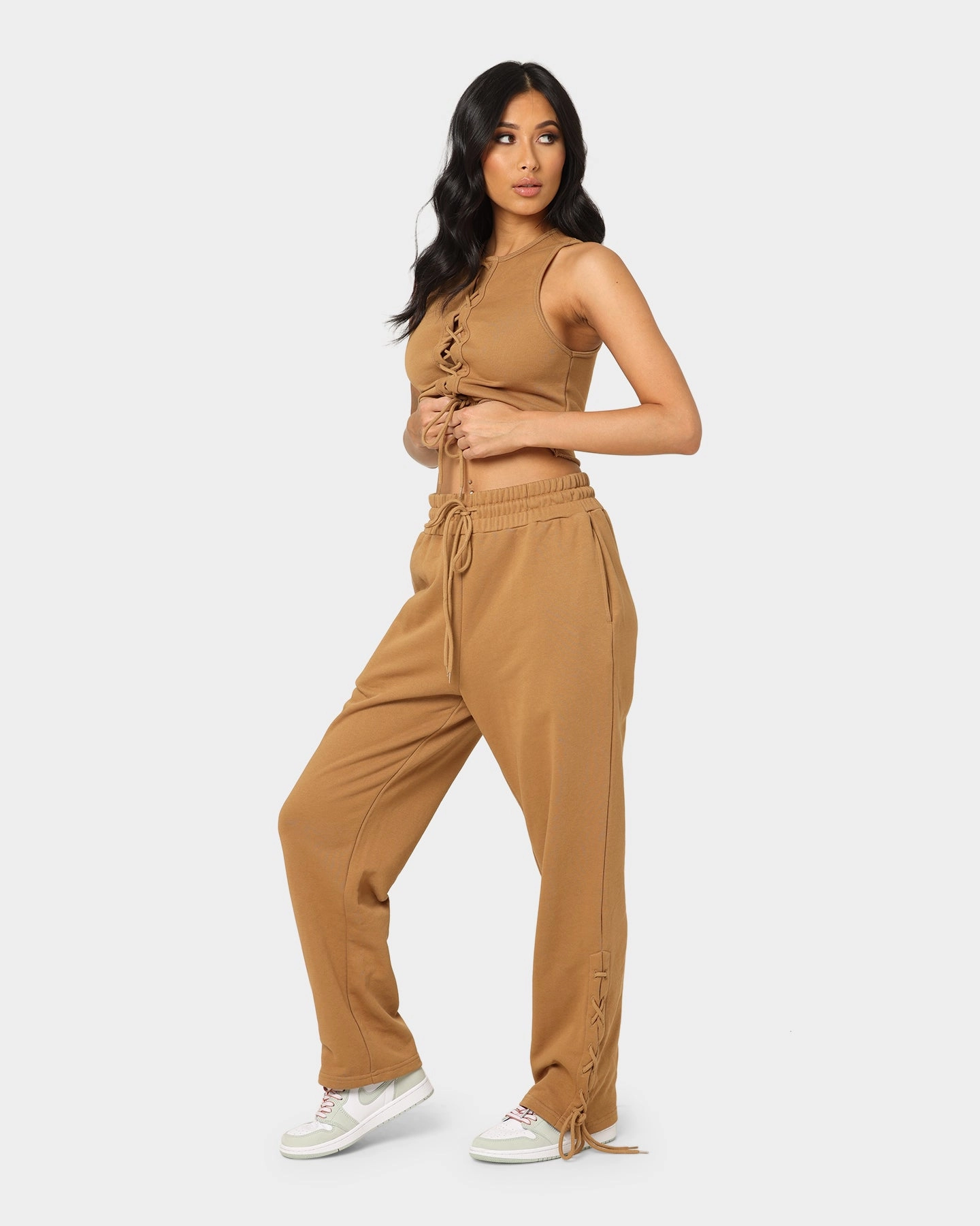 EN ES Women's Mason Lace Up Track Pants Tan Core Support Breathable Waist