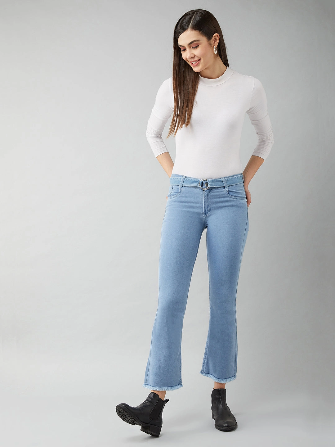 Daily Essentials Family Style Gym Ready Daily Wear Women's Light Blue Cotton Bell-Bottom Bootcut Cropped High-Rise Stretchable Denim Jeans