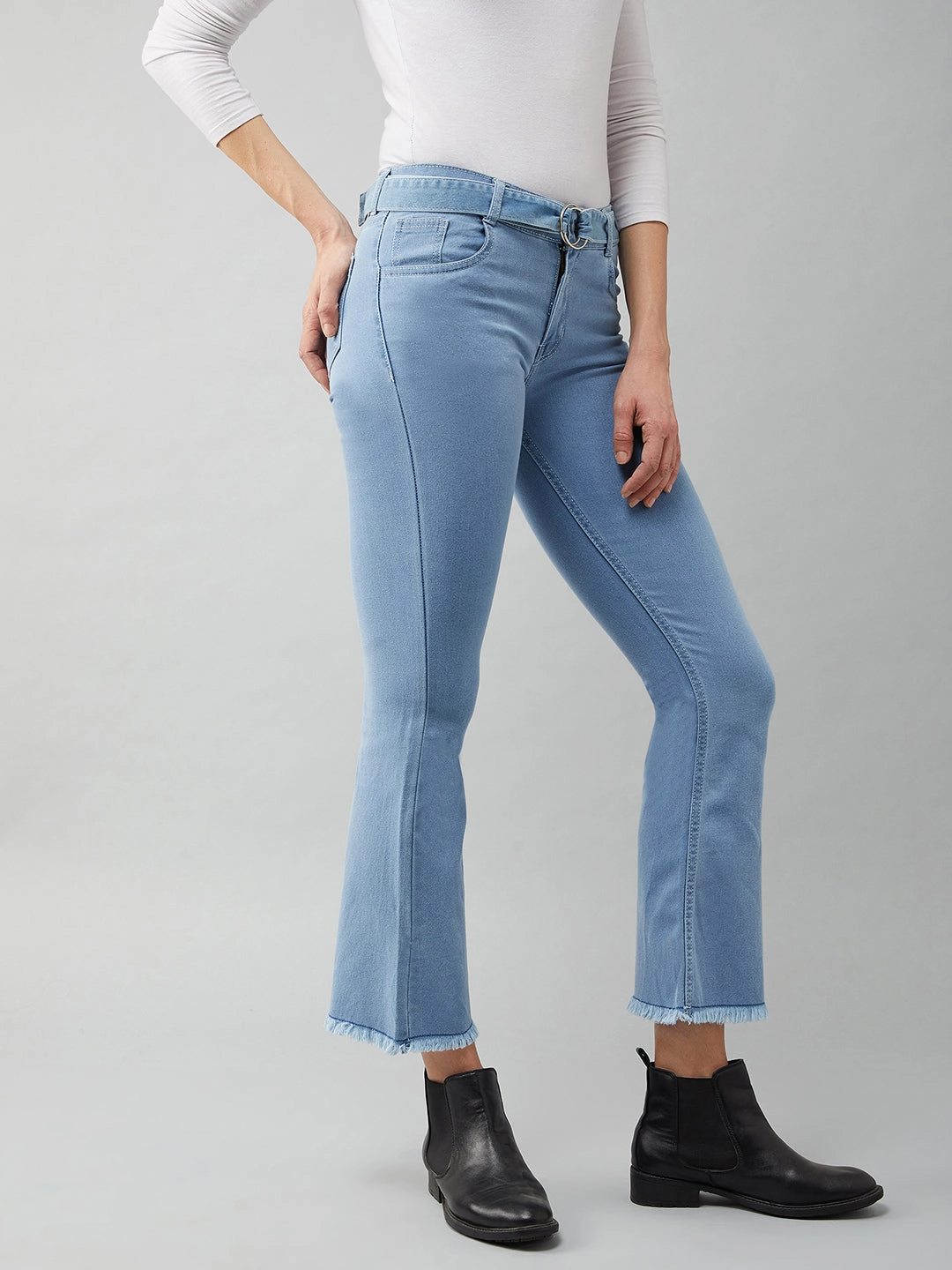 Fit Routine Women's Light Blue Cotton Bell-Bottom Bootcut Cropped High-Rise Stretchable Denim Jeans