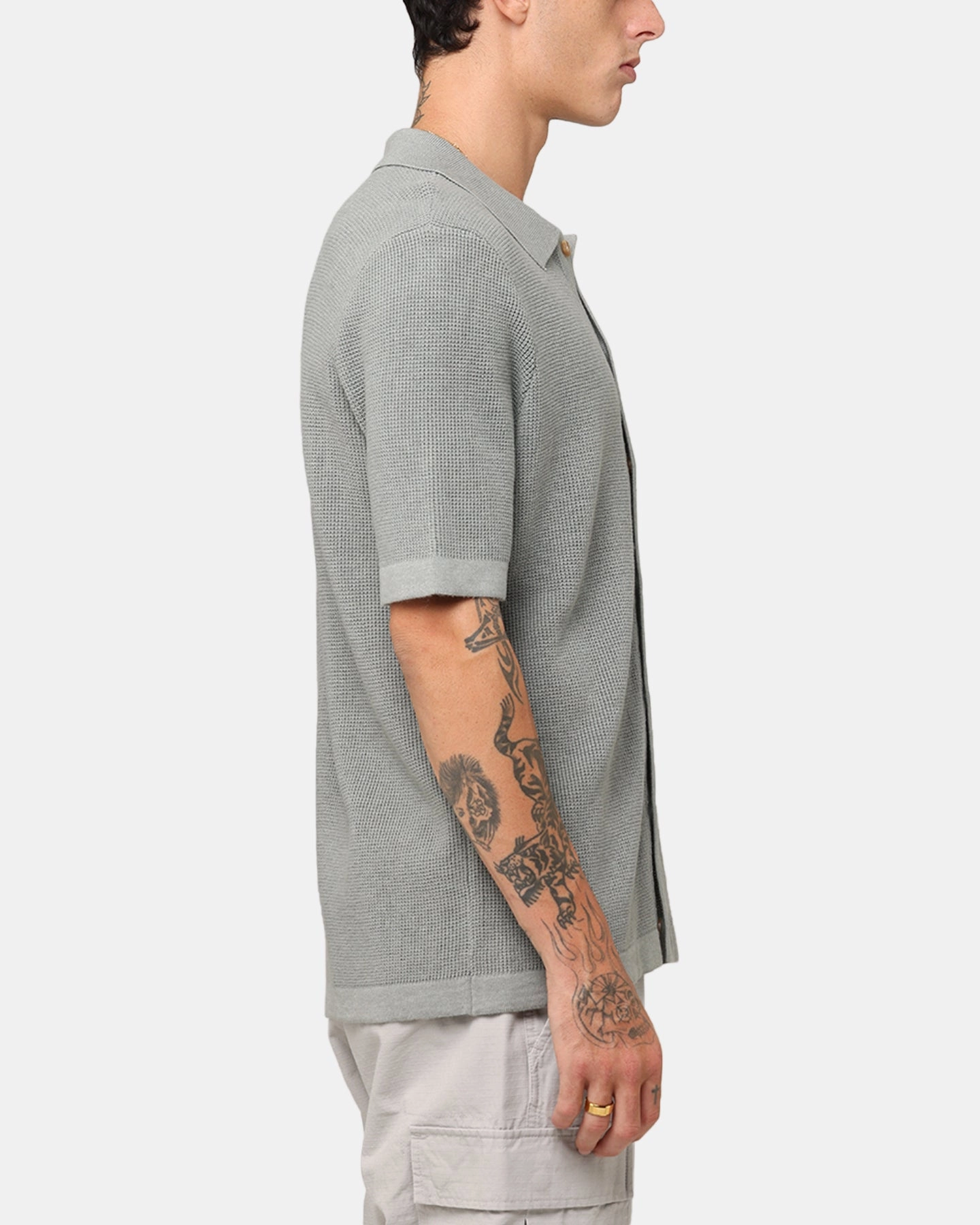 Yarn Dyed Stripes XXIII Zyair Knit Rib Button Up Shirt Olive