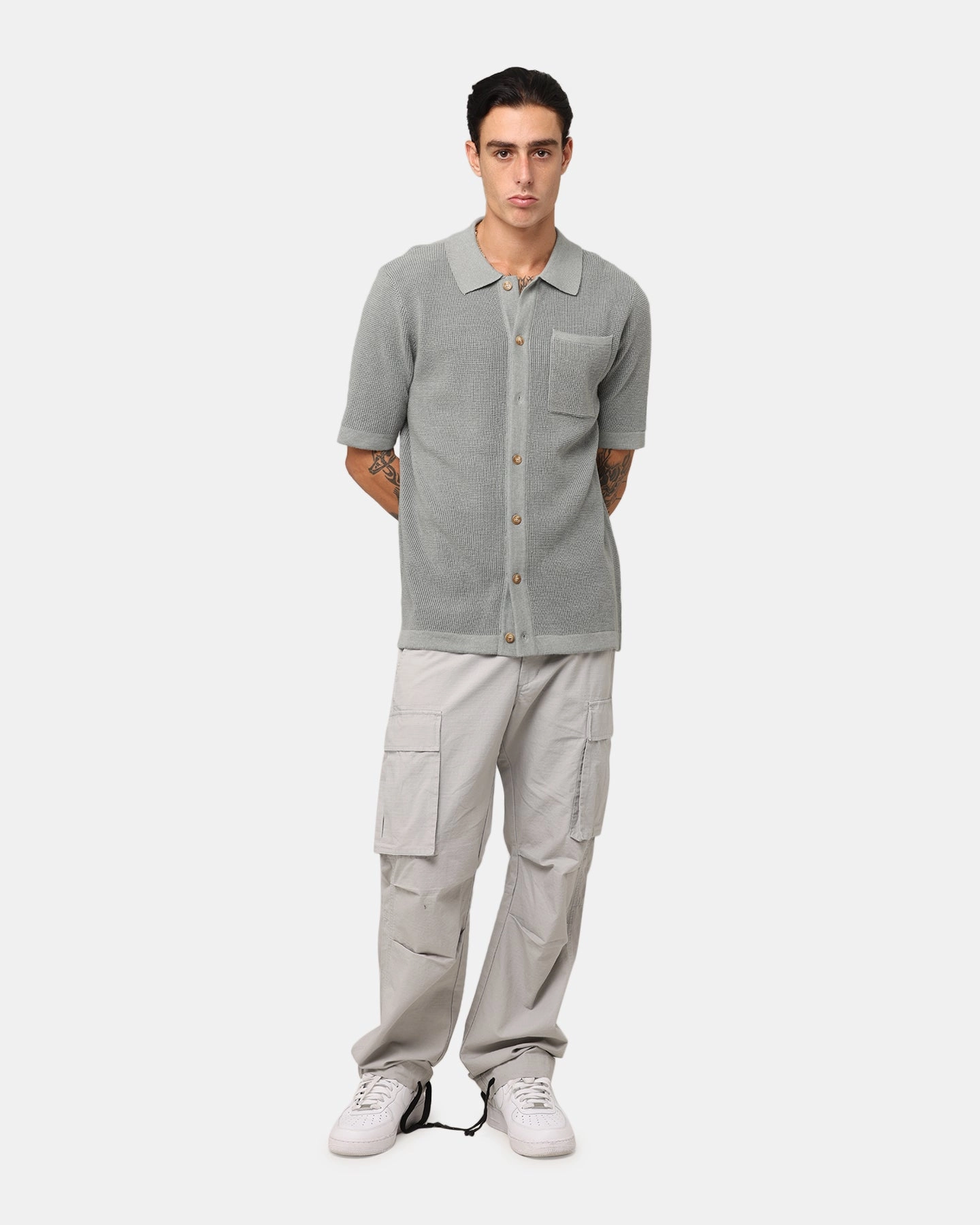 XXIII Zyair Knit Rib Button Up Shirt Olive FadeResistantTechnology Quick Access Pockets