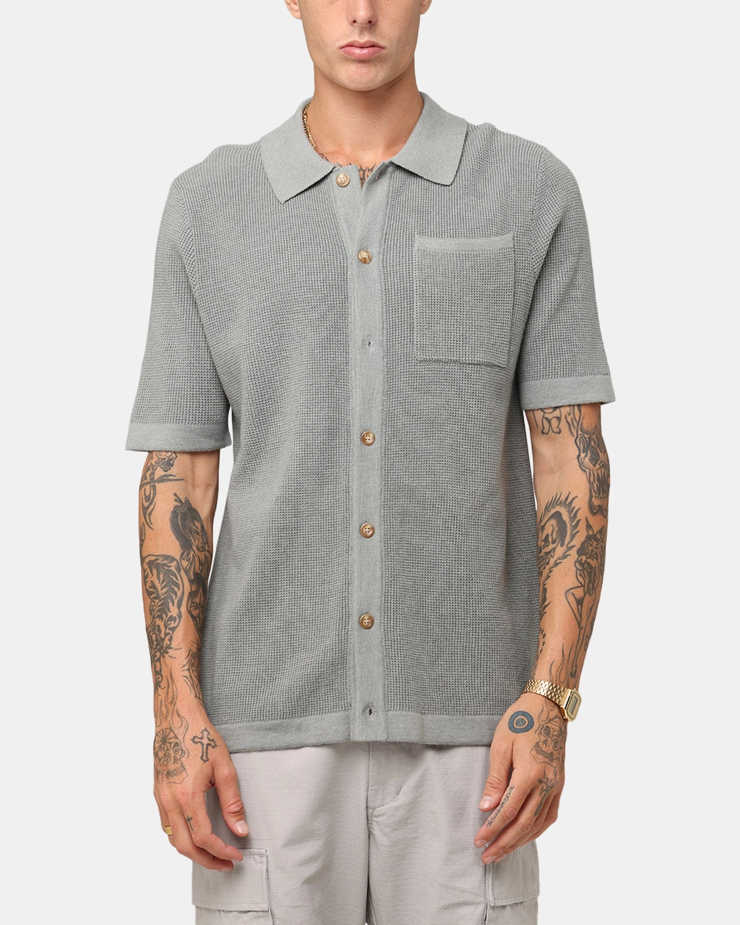 XXIII Zyair Knit Rib Button Up Shirt Olive Eco Friendly Dye Bonded Seam Tape