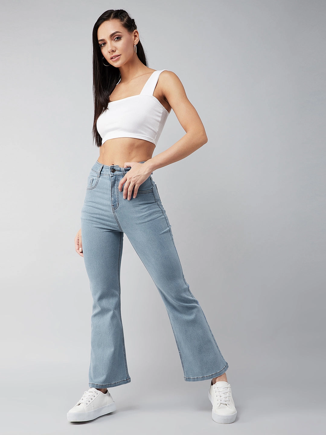 Beach Day Modern Clean Lines CHASEstretch? Light Blue Bell-Bottom Bootcut High-Rise Denim Jeans