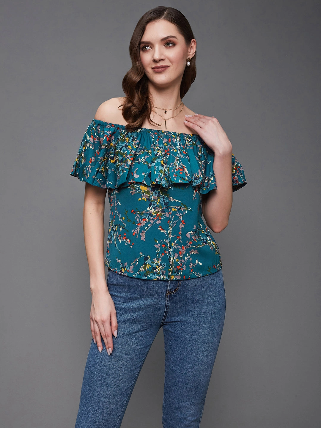 HighDensity Knit Casual Wear Women's Multicolored-Base-Turquoise Off-Shoulder Sleeveless Floral Bardot Regular Top