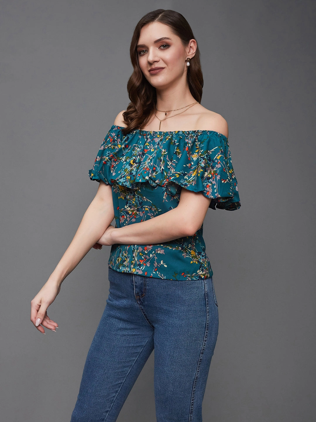 Simple Dress Comfortable Wear Women's Multicolored-Base-Turquoise Off-Shoulder Sleeveless Floral Bardot Regular Top