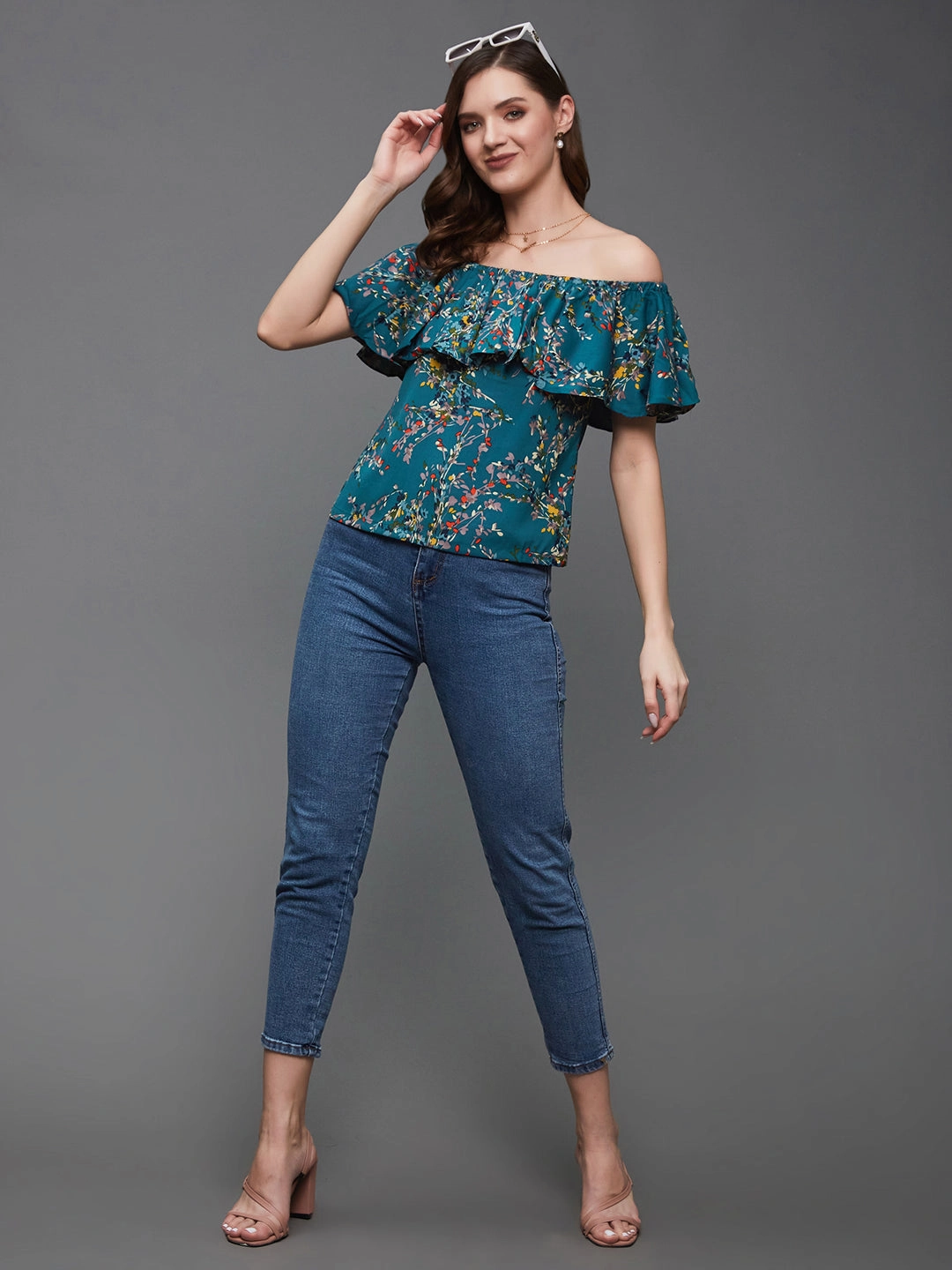 Fleece Pullover Oversized Silhouette Women's Multicolored-Base-Turquoise Off-Shoulder Sleeveless Floral Bardot Regular Top