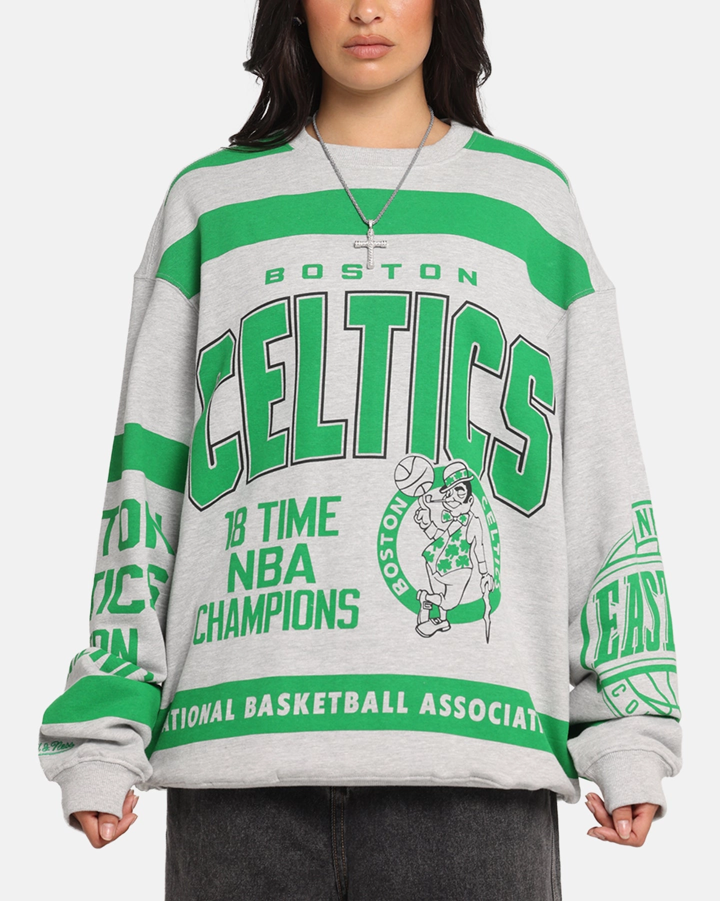 Mitchell & Ness Boston Celtics Letterform Crewneck Grey Marle/Official Team Color Garment Washed Finish
