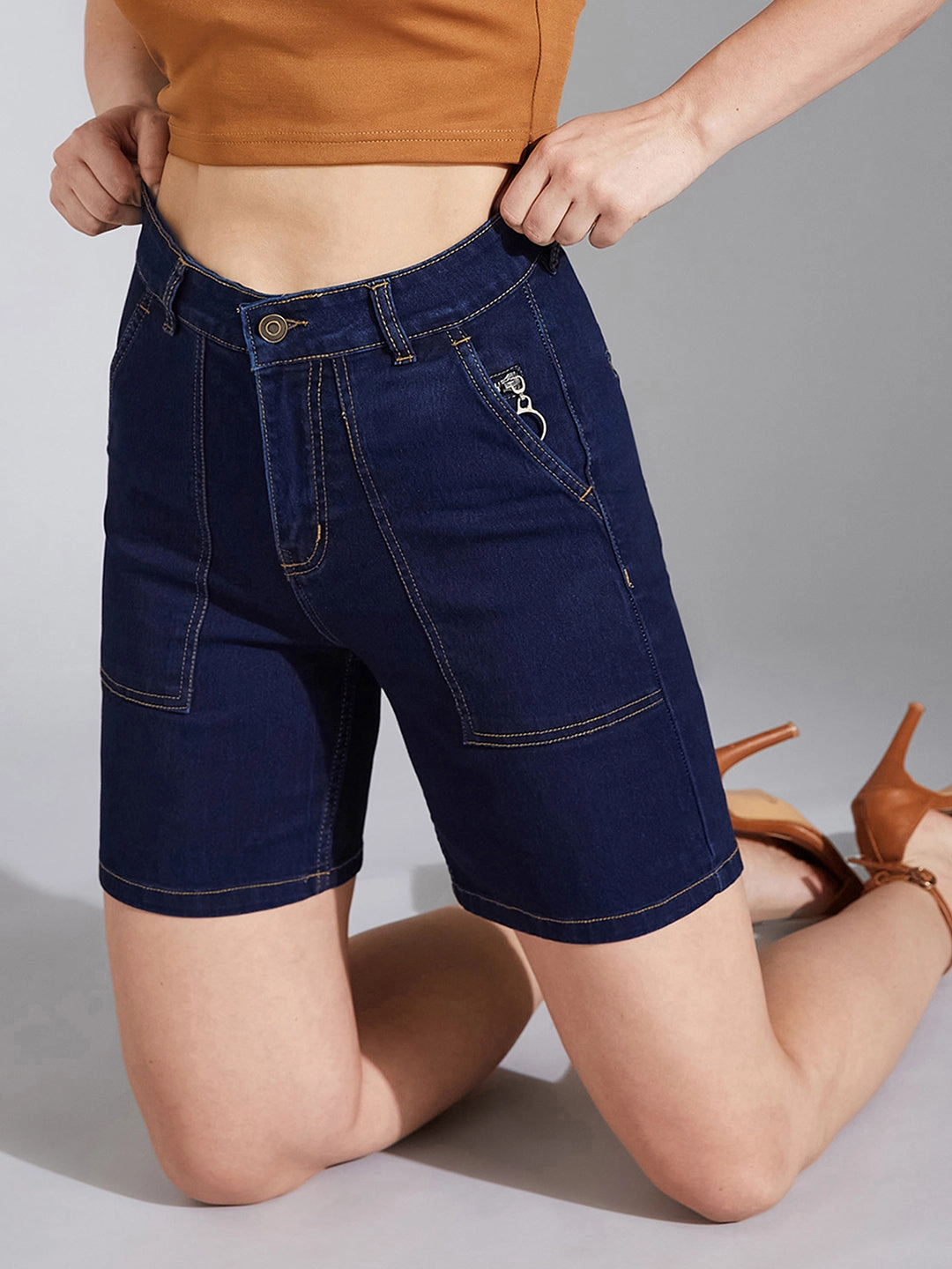 Women's Navy Blue Regular High-Rise Clean-Look Above-Knee Stretchable Denim Shorts Weekend Style Rainy Day Sleek Design