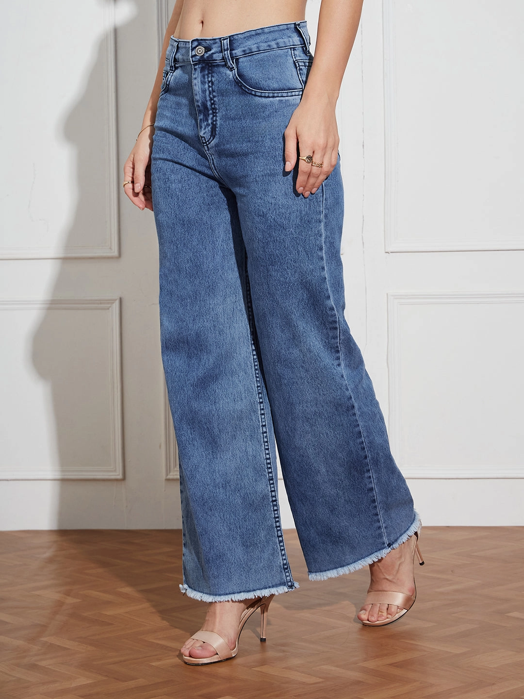 Motion Ease Lightweight Denim Women's Mid-Blue Wide-Leg High Rise Regular-Length Stretchable Denim Jeans