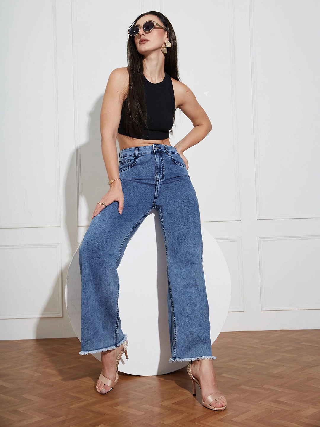 Premium Cotton Blend Women's Mid-Blue Wide-Leg High Rise Regular-Length Stretchable Denim Jeans