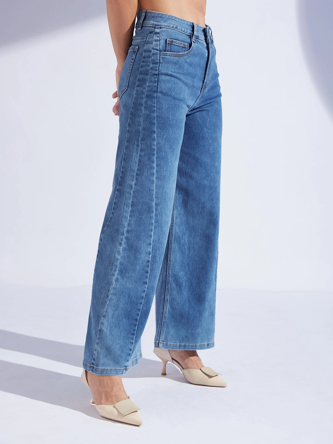 Women's Mid Blue Wide Leg High-Rise Curved Panel Stretchable Denim Jeans Workday Outfit Date Night Sustainable