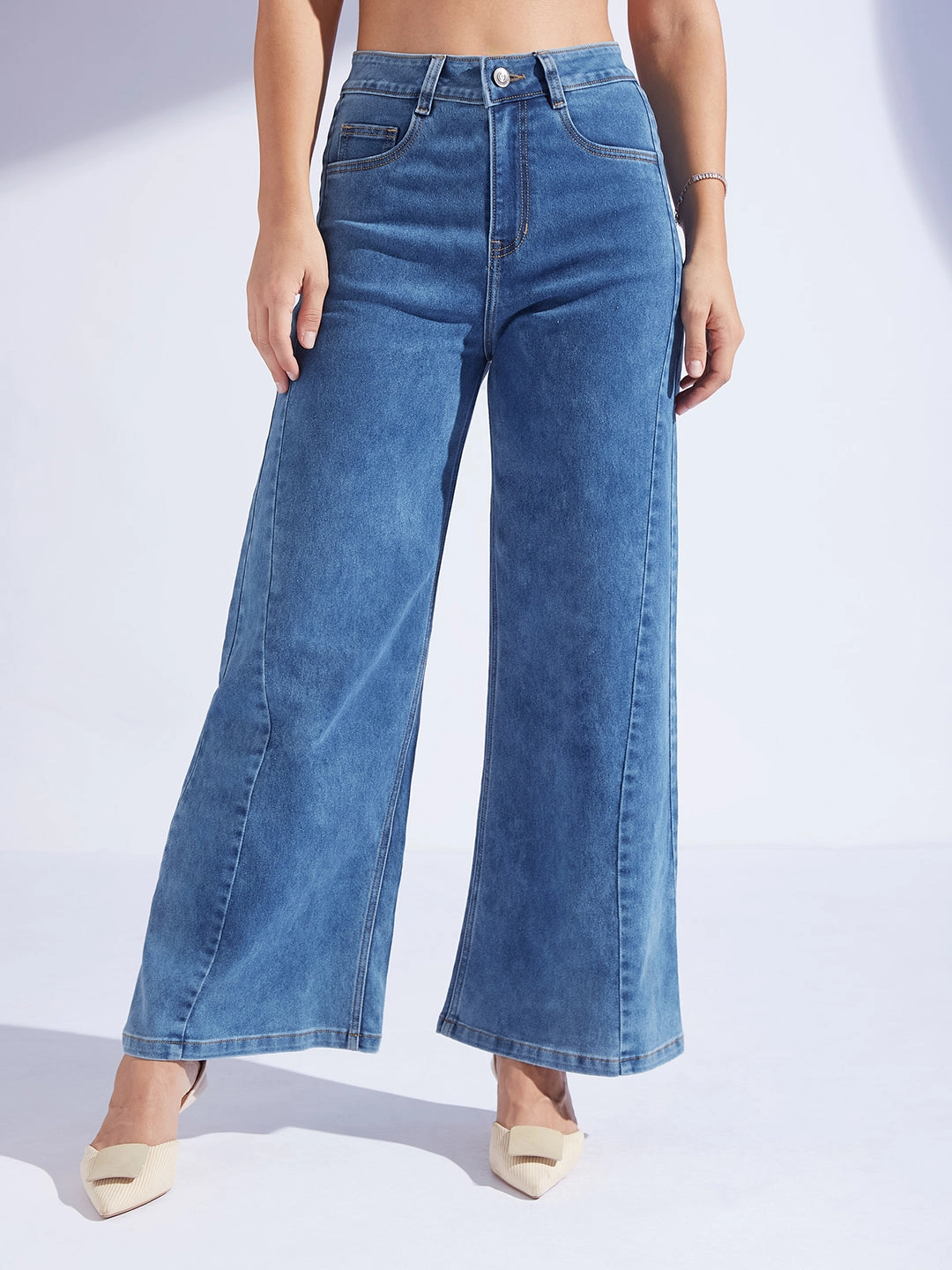 Women's Mid Blue Wide Leg High-Rise Curved Panel Stretchable Denim Jeans Easy Fashion