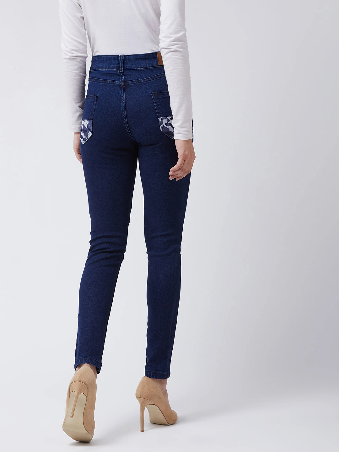 Selvedge Denim 24/7 Comfort Navy-Blue Printed Fabric Detailing Skinny-Fit Mid-Rise Stretchable Denim Jeans