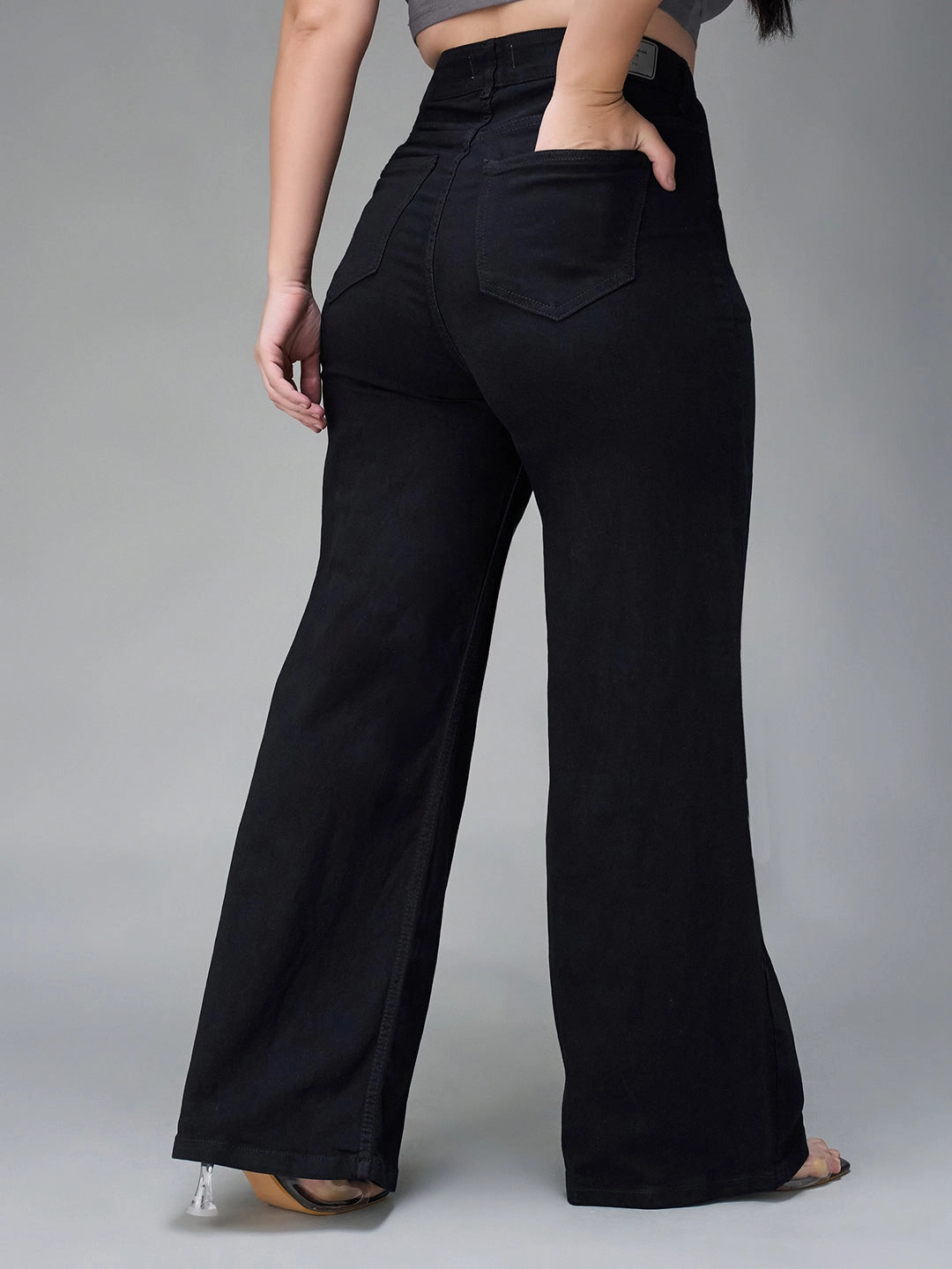 CHASEstretch? Black Wide-Leg High-Rise Stretchable Denim Jeans Brushed Interior