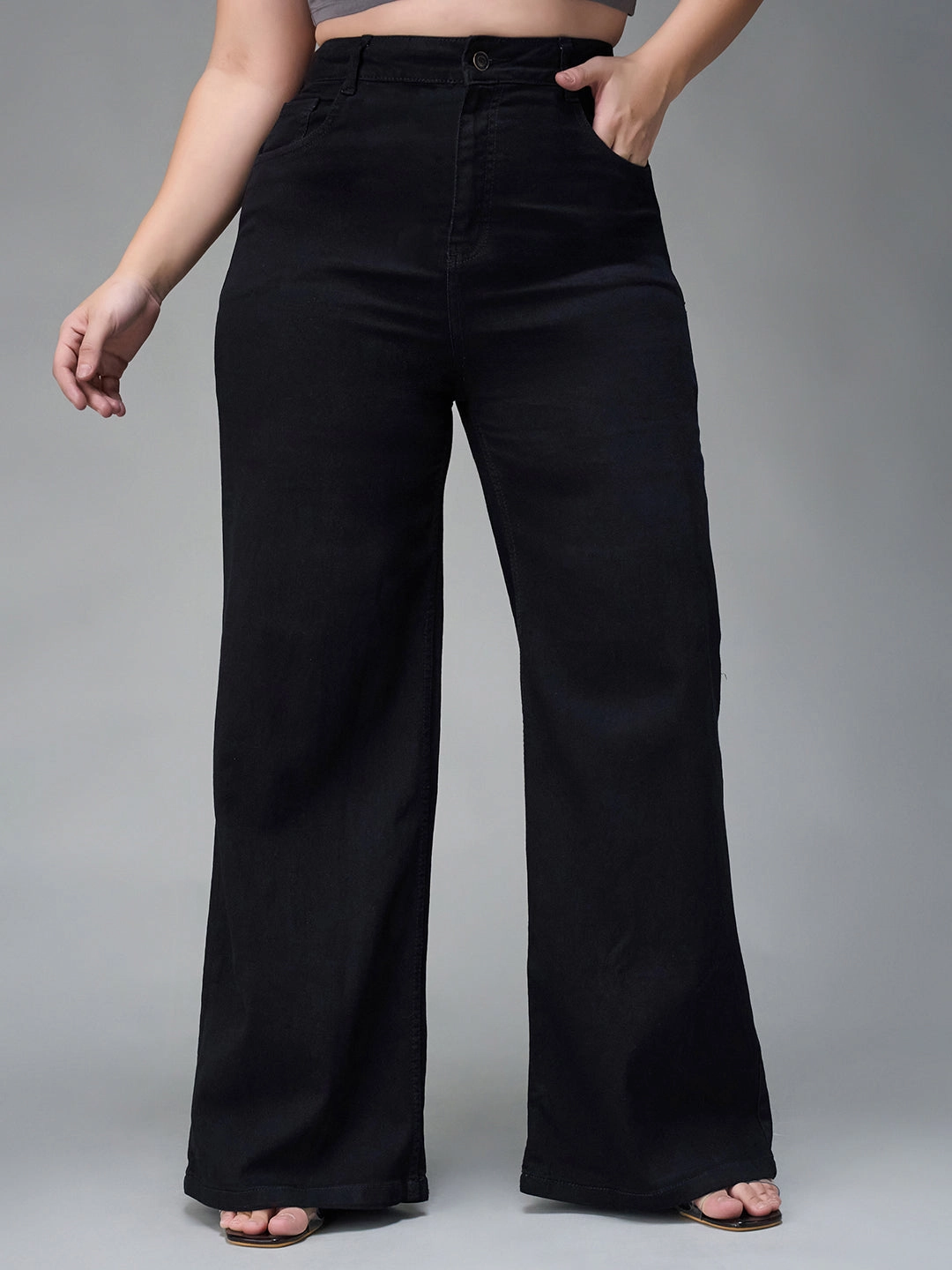 Unisex Friendly Vibrant Bold Look Street Fashion CHASEstretch? Black Wide-Leg High-Rise Stretchable Denim Jeans